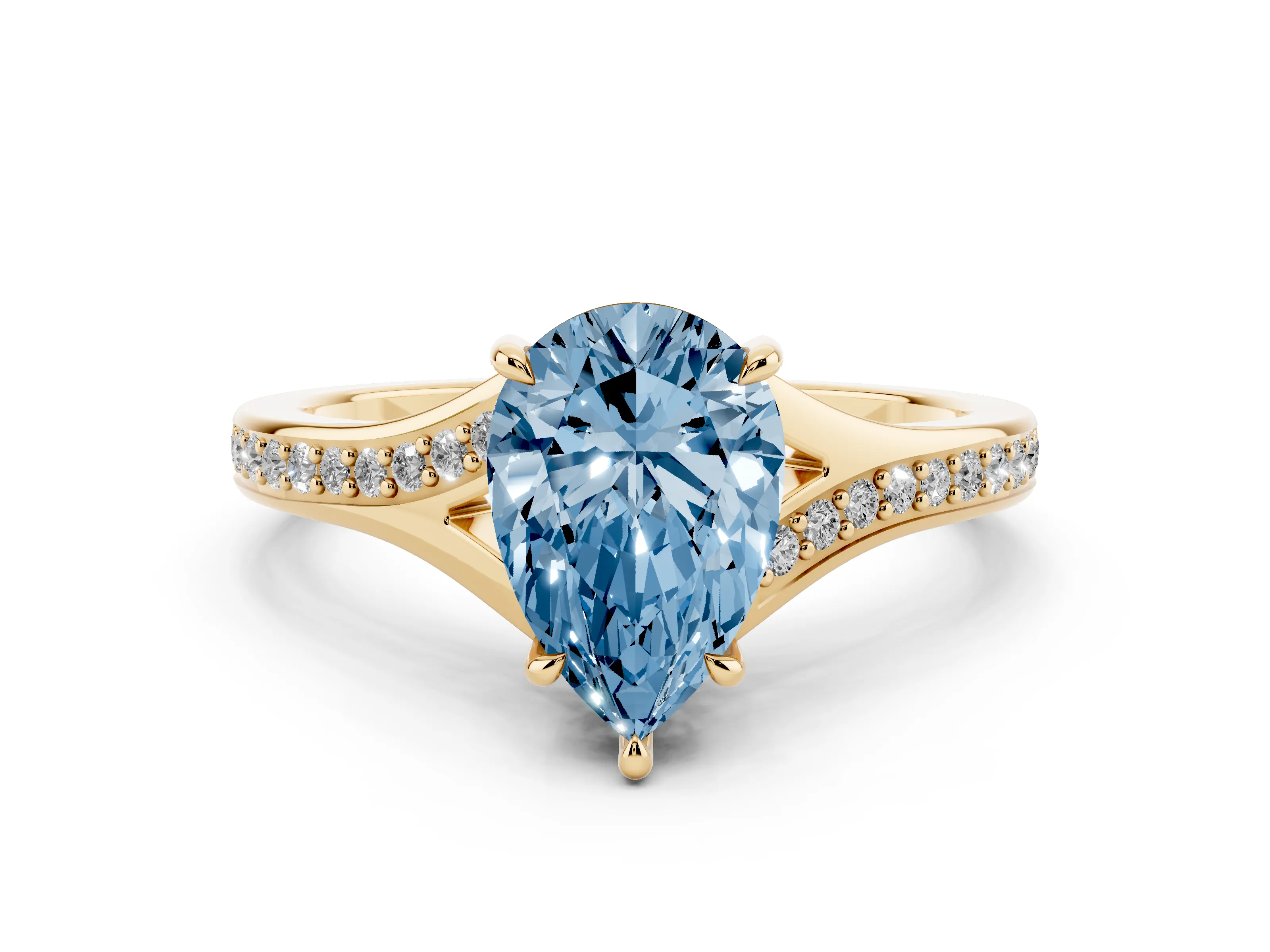 Fancy Blue Pear Cut Diamond Solitaire Ring Set in Yellow gold with Pavé Accent Band and Classic Prong Setting