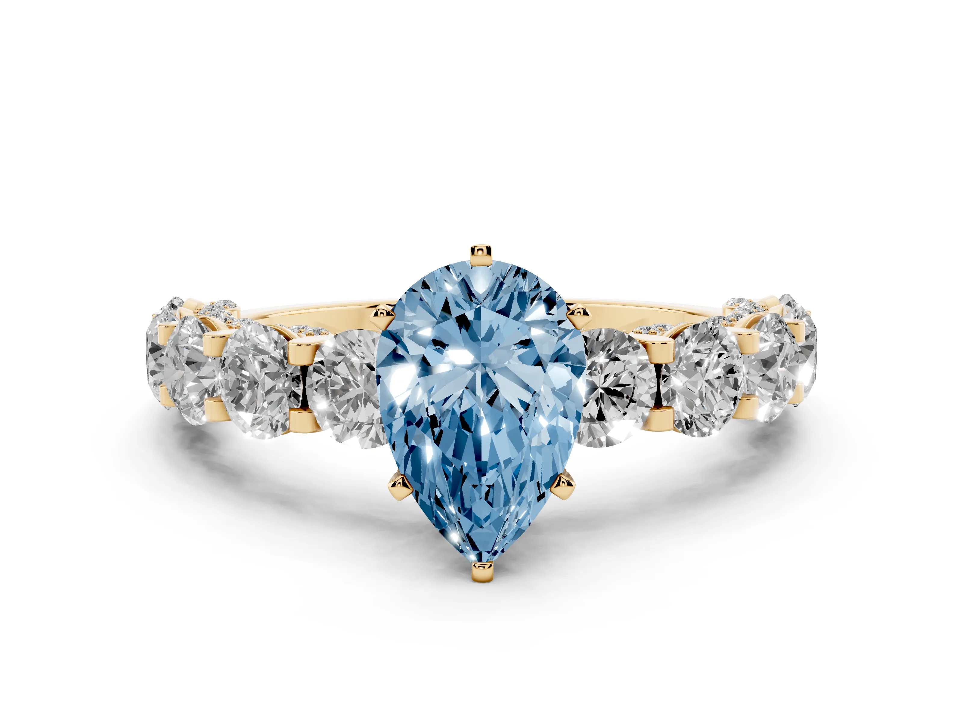 Fancy Blue Pear Cut Diamond Side Stone Ring Set in Yellow gold with Alternating Round and Oval Side Stones