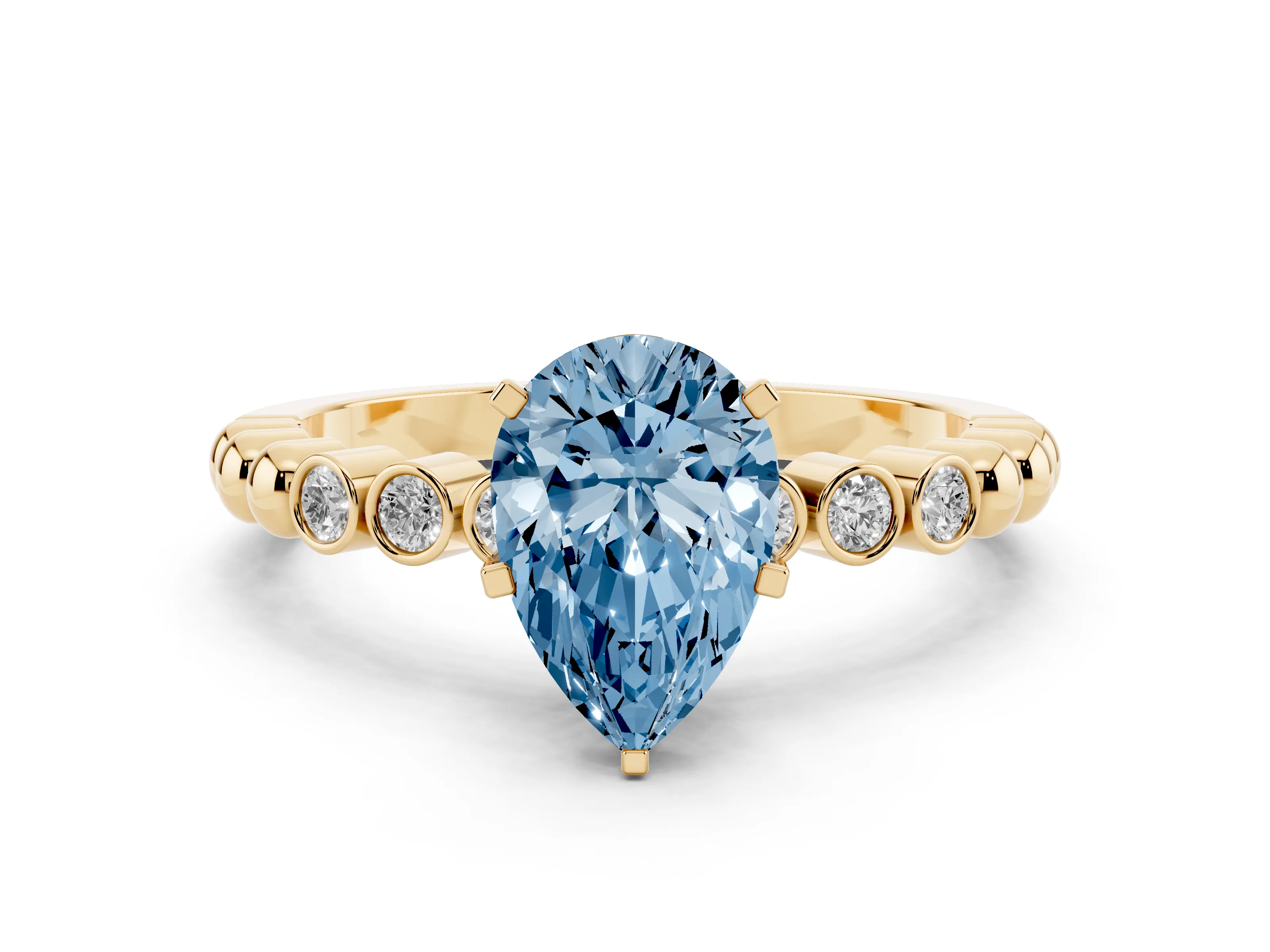 Fancy Blue Pear Cut Diamond Solitaire Engagement Ring Set in Yellow gold with Bezel Accents on Beaded Band