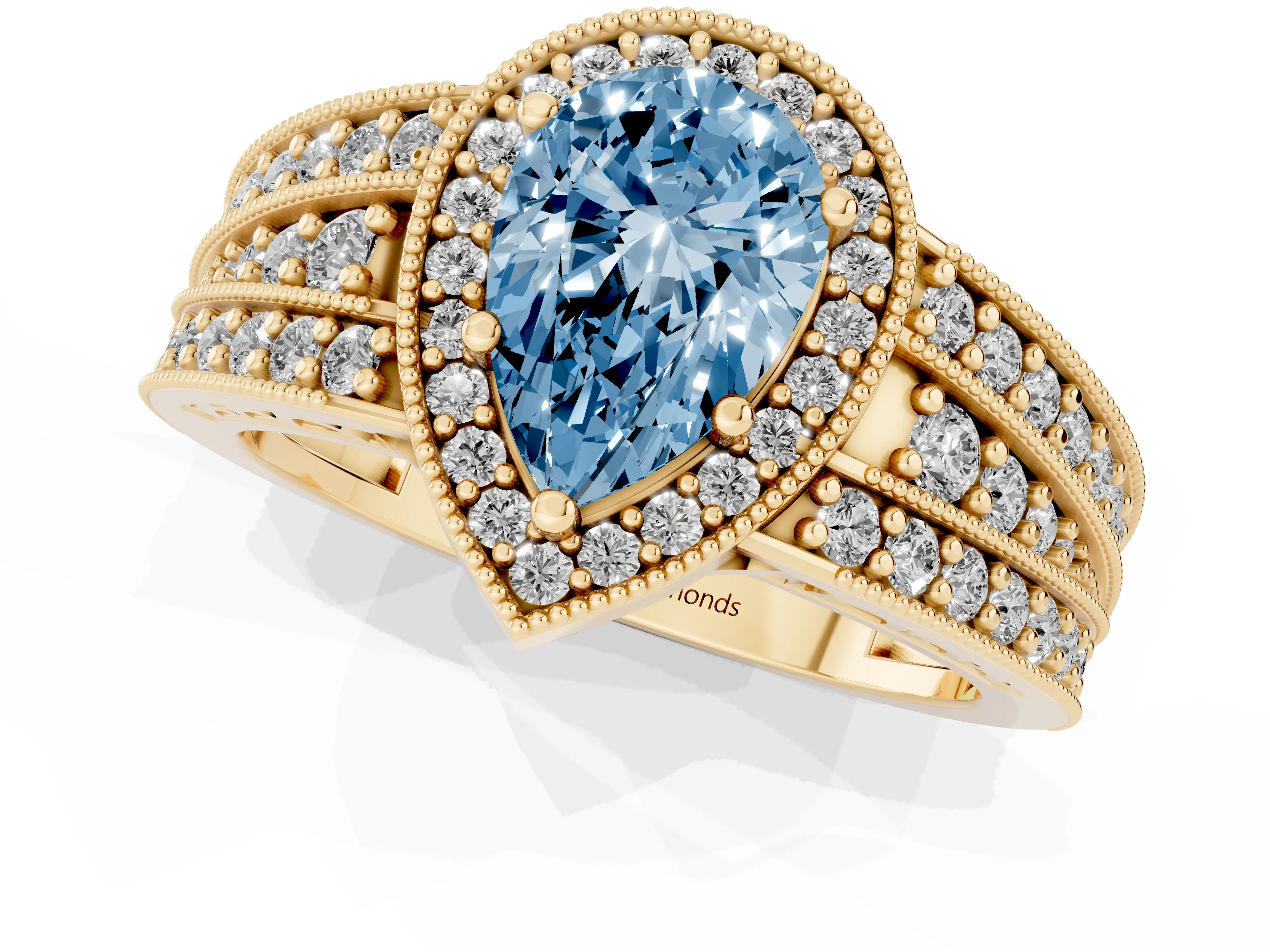 Fancy Blue Pear Cut Diamond Halo Ring Set in Yellow gold with Accent Split Shank and Prong Setting
