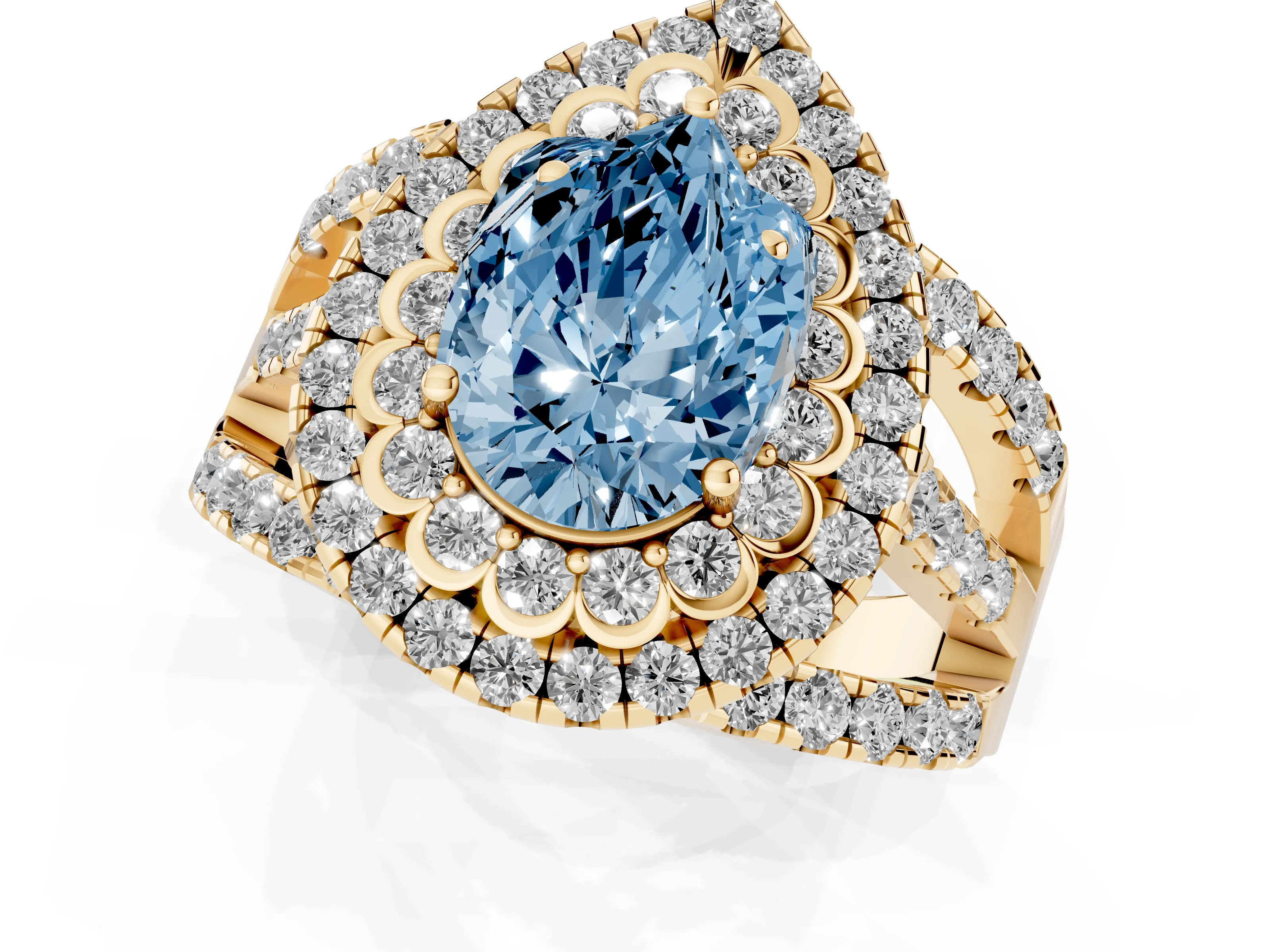 Fancy Blue Pear Cut Diamond Double Halo Ring Set in Yellow gold with Round Pavé Split Shank