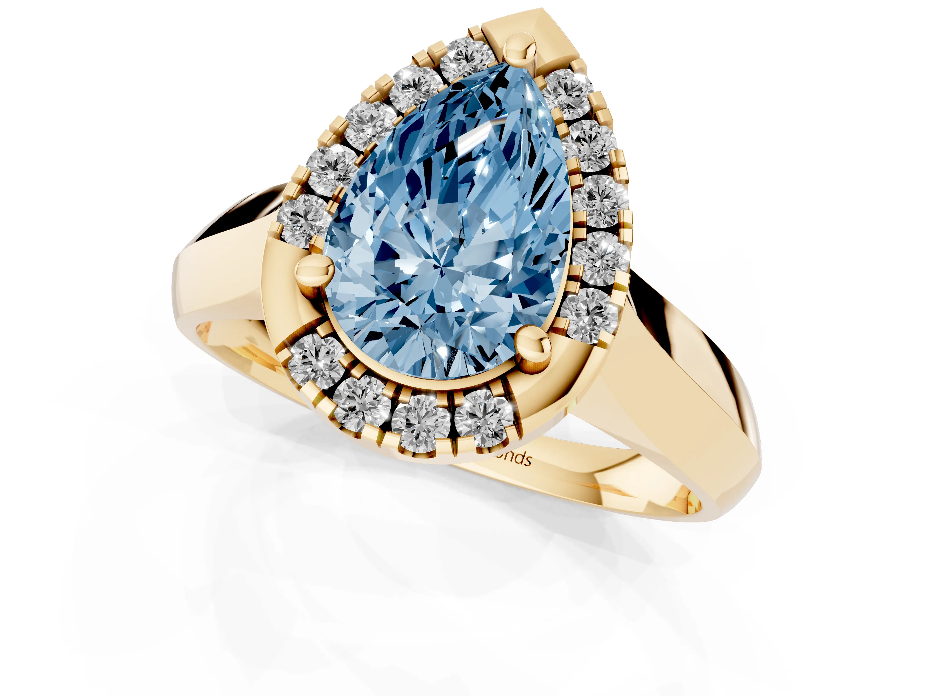 Fancy Blue Pear Cut Diamond Halo Solitaire Engagement Ring Set in Yellow gold with Square Band and Prong Setting