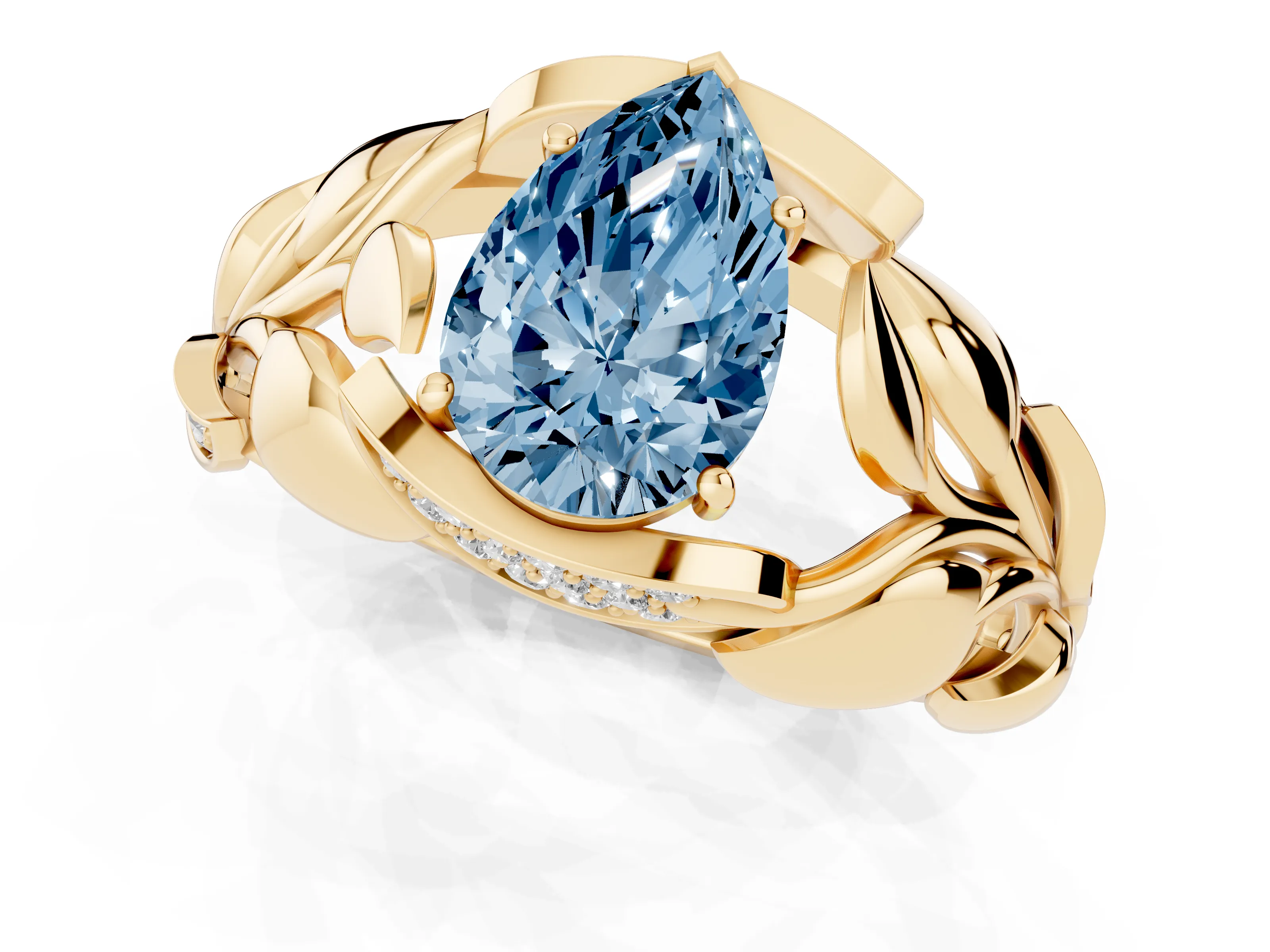 Fancy Blue Pear Cut Diamond Leaf-Inspired Engagement Ring Set in Yellow gold with Round Accents