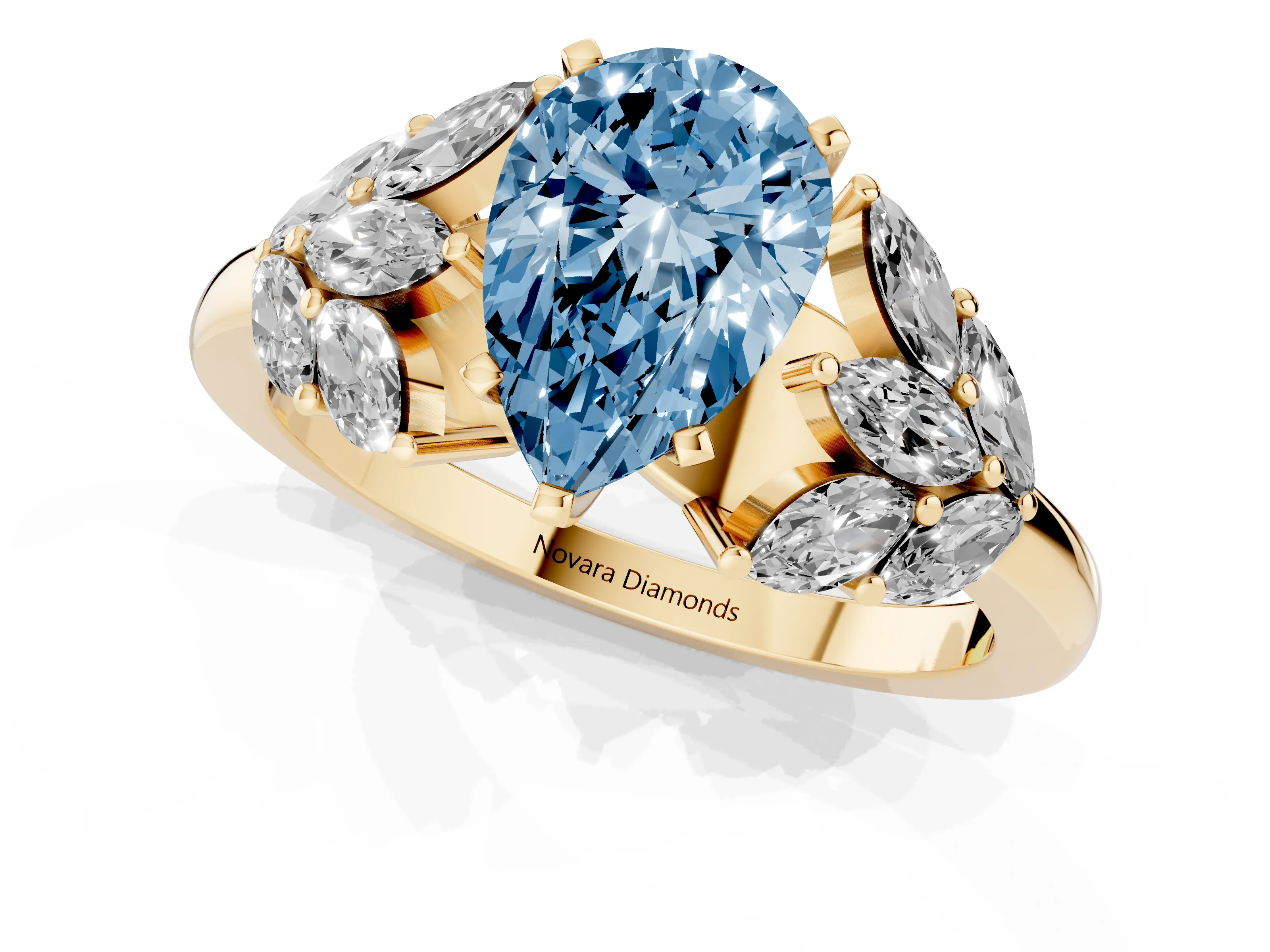 Fancy Blue Pear Cut Diamond Cluster Leaf Design Ring Set in Yellow gold with Prong Setting