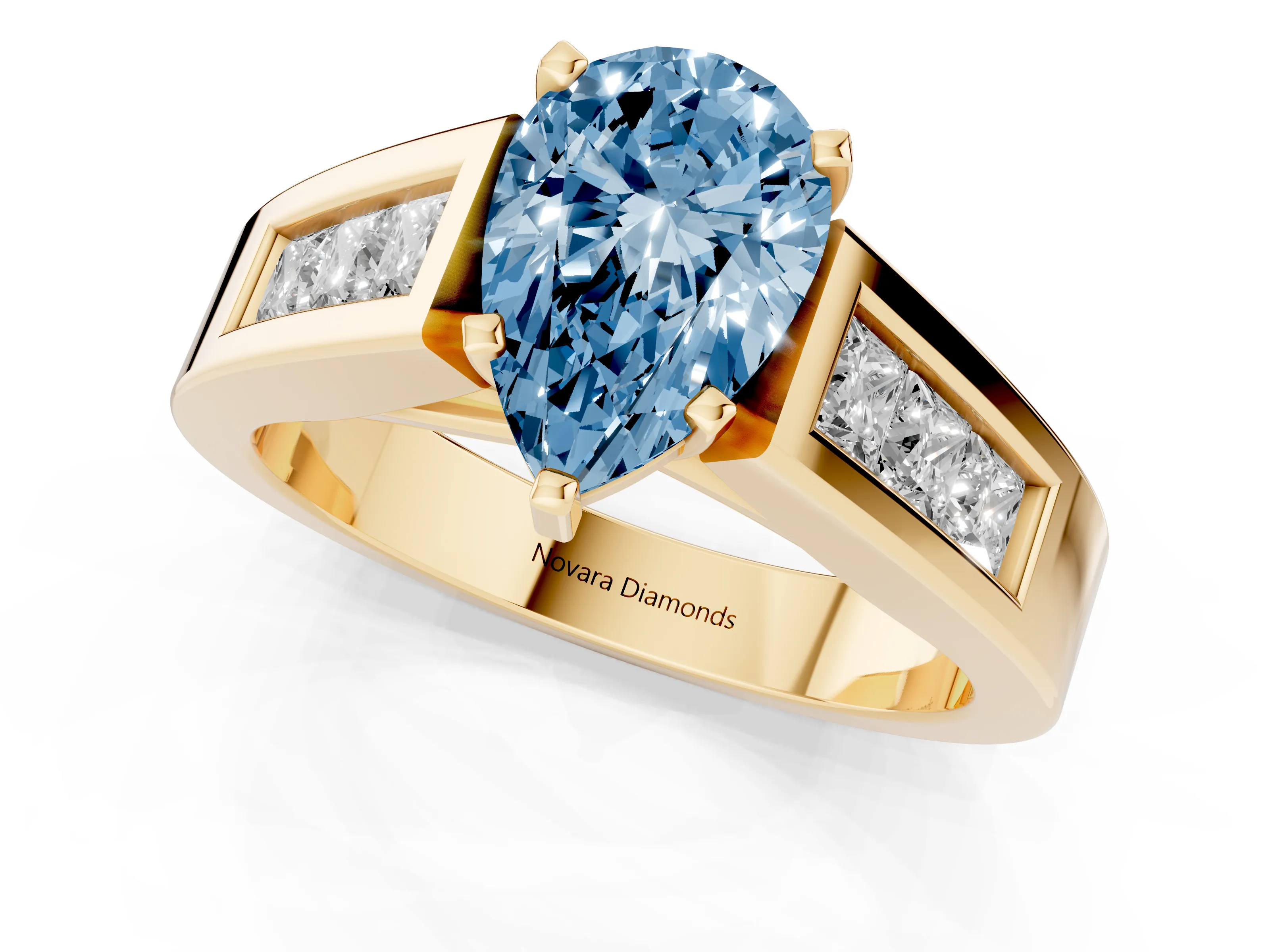 Fancy Blue Pear Cut Diamond Solitaire Ring Set in Yellow gold with Channel-Set Accent Stones and Prong Setting