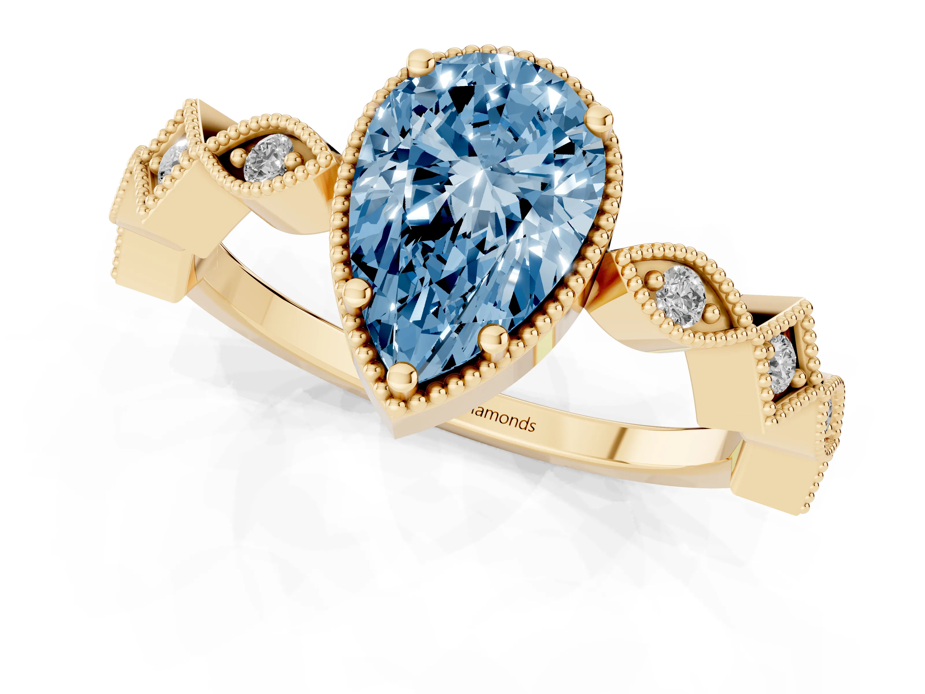 Fancy Blue Pear Cut Diamond Milgrain Marquise Twist Band Ring Set in Yellow gold with Prong Setting