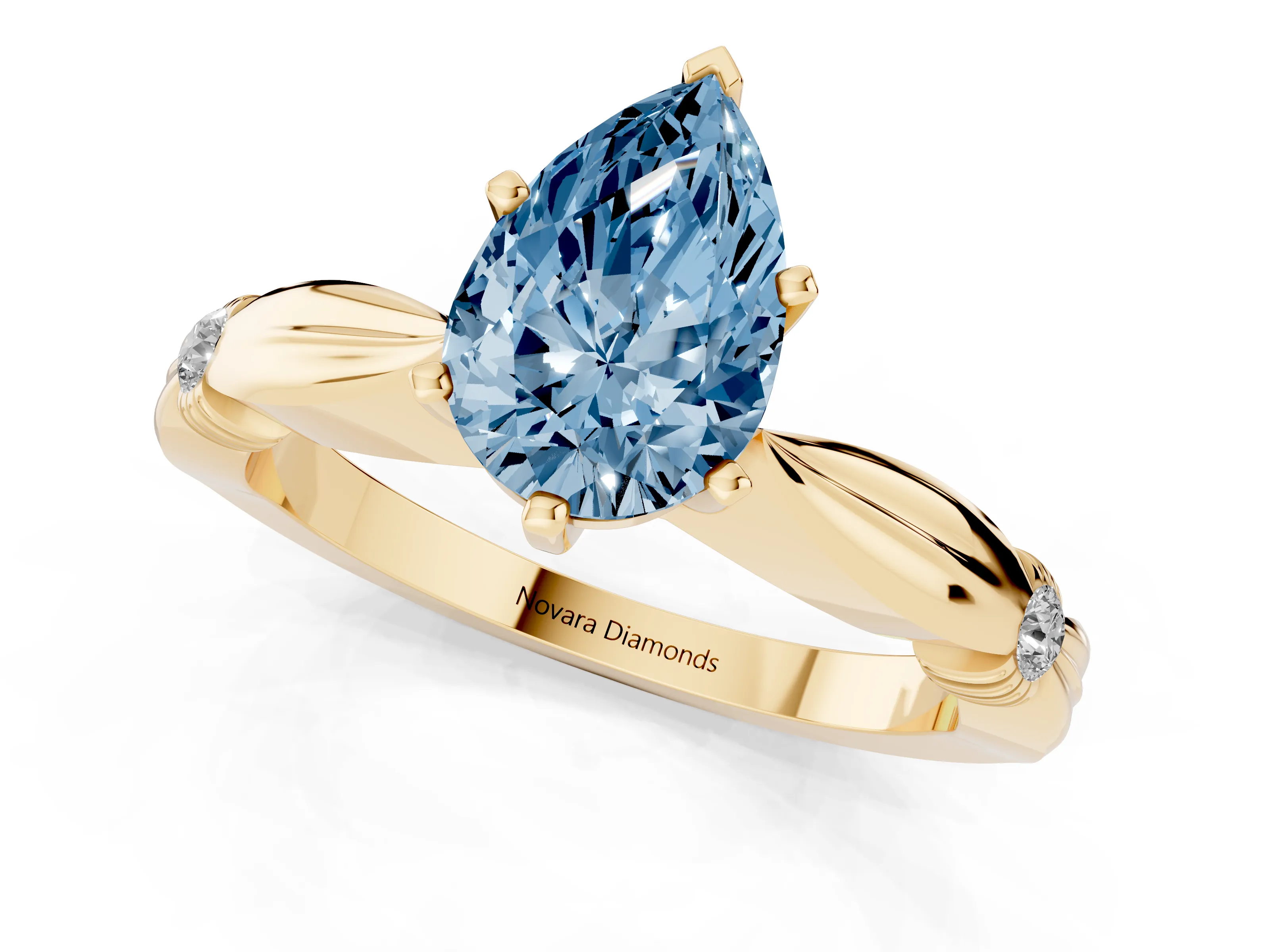 Fancy Blue Pear Cut Diamond Solitaire Twisted Band Ring Set in Yellow gold with Accent Stones and Prong Setting – second view
