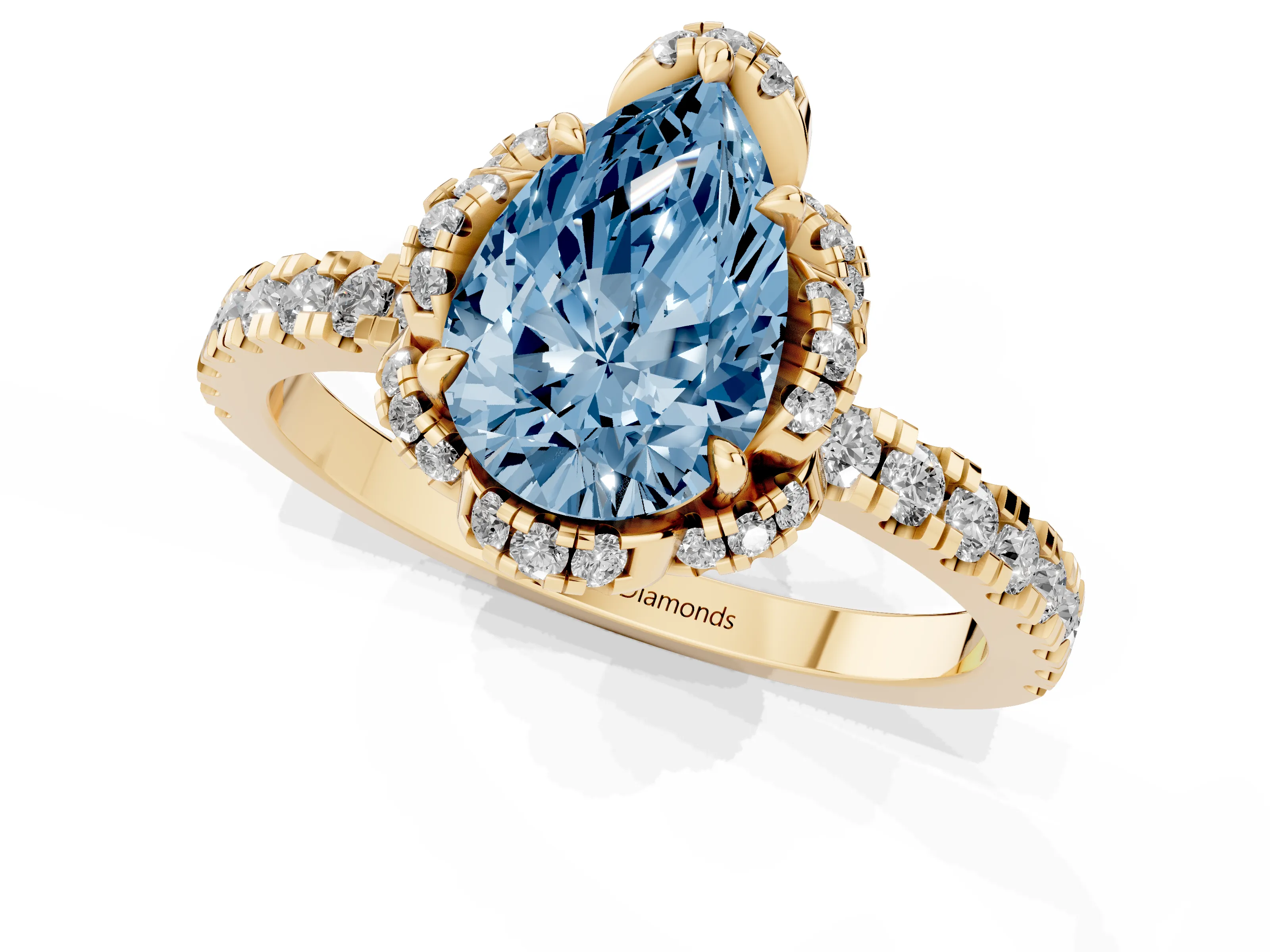 Fancy Blue Pear Cut Diamond Halo Pavé Band Ring Set in Yellow gold with Prong-Held Center