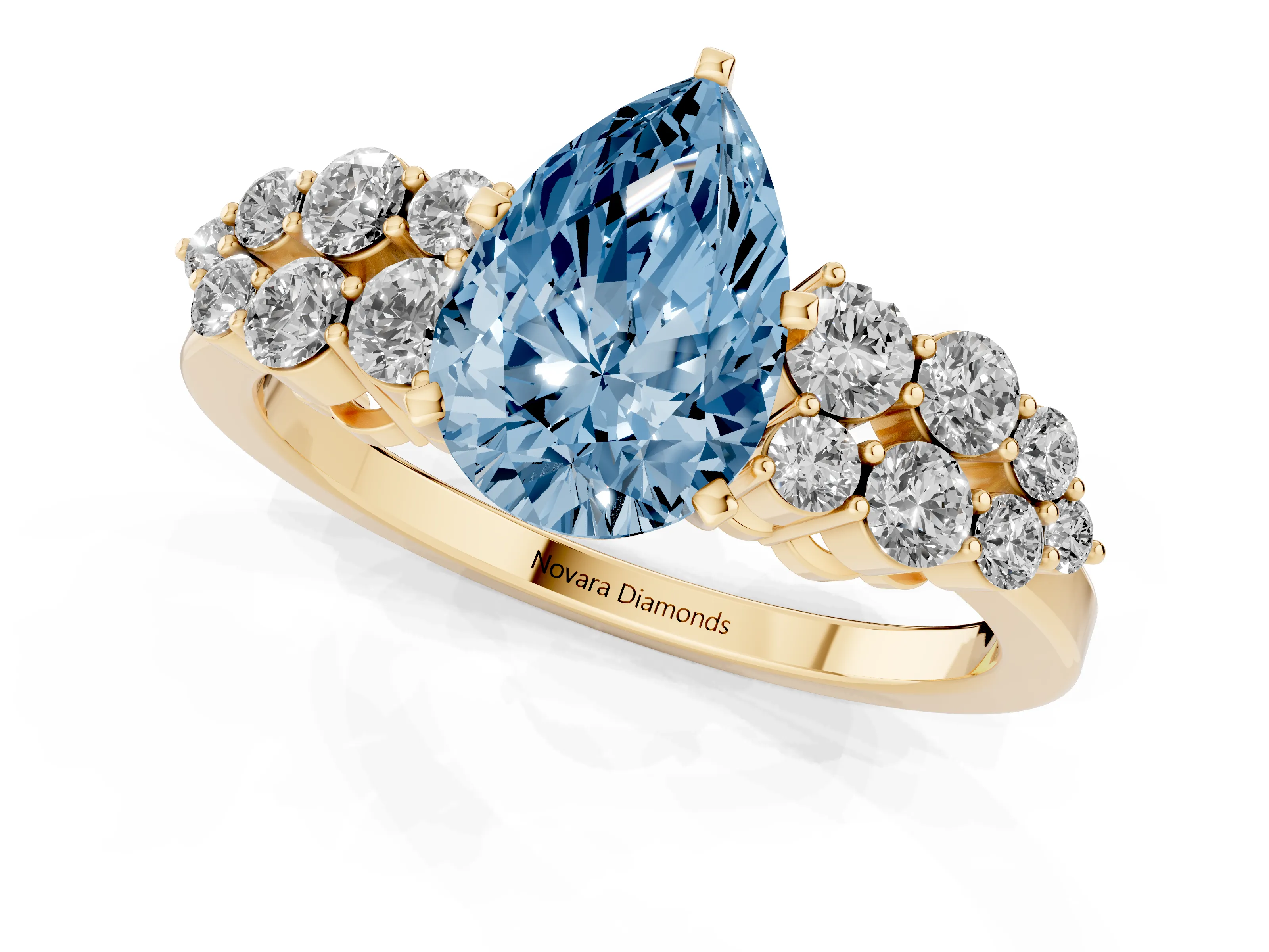 Fancy Blue Pear Cut Diamond Cluster Engagement Ring Set in Yellow gold with Pavé Band and Prong Setting