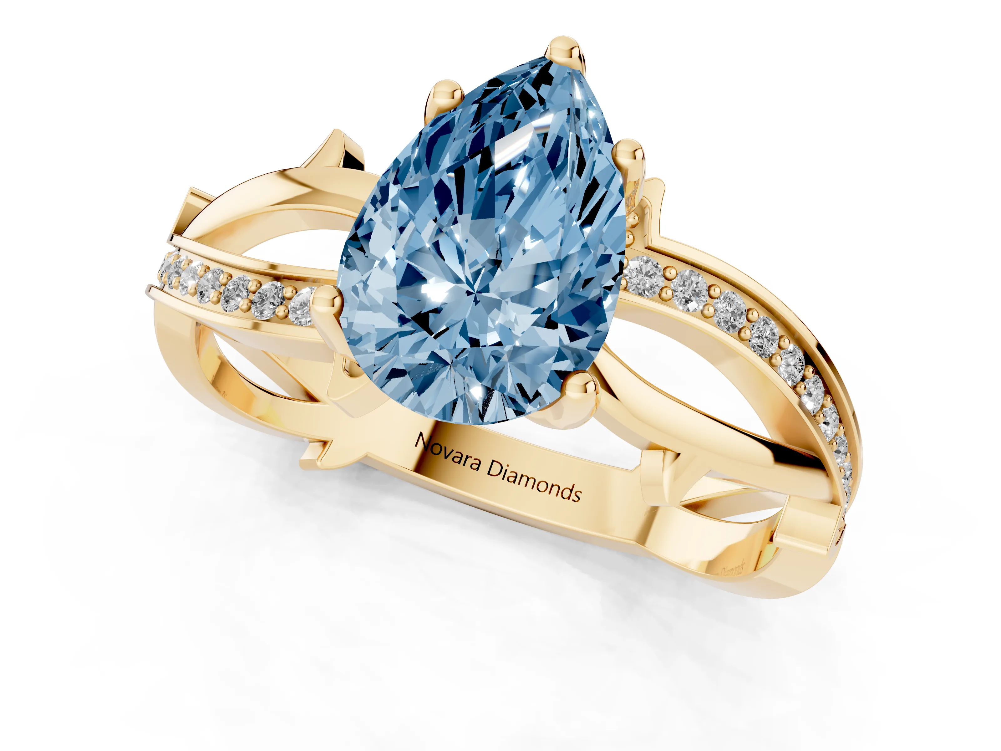 Fancy Blue Pear Cut Diamond Pavé Twist Band Solitaire Ring Set in Yellow gold with Prong Setting