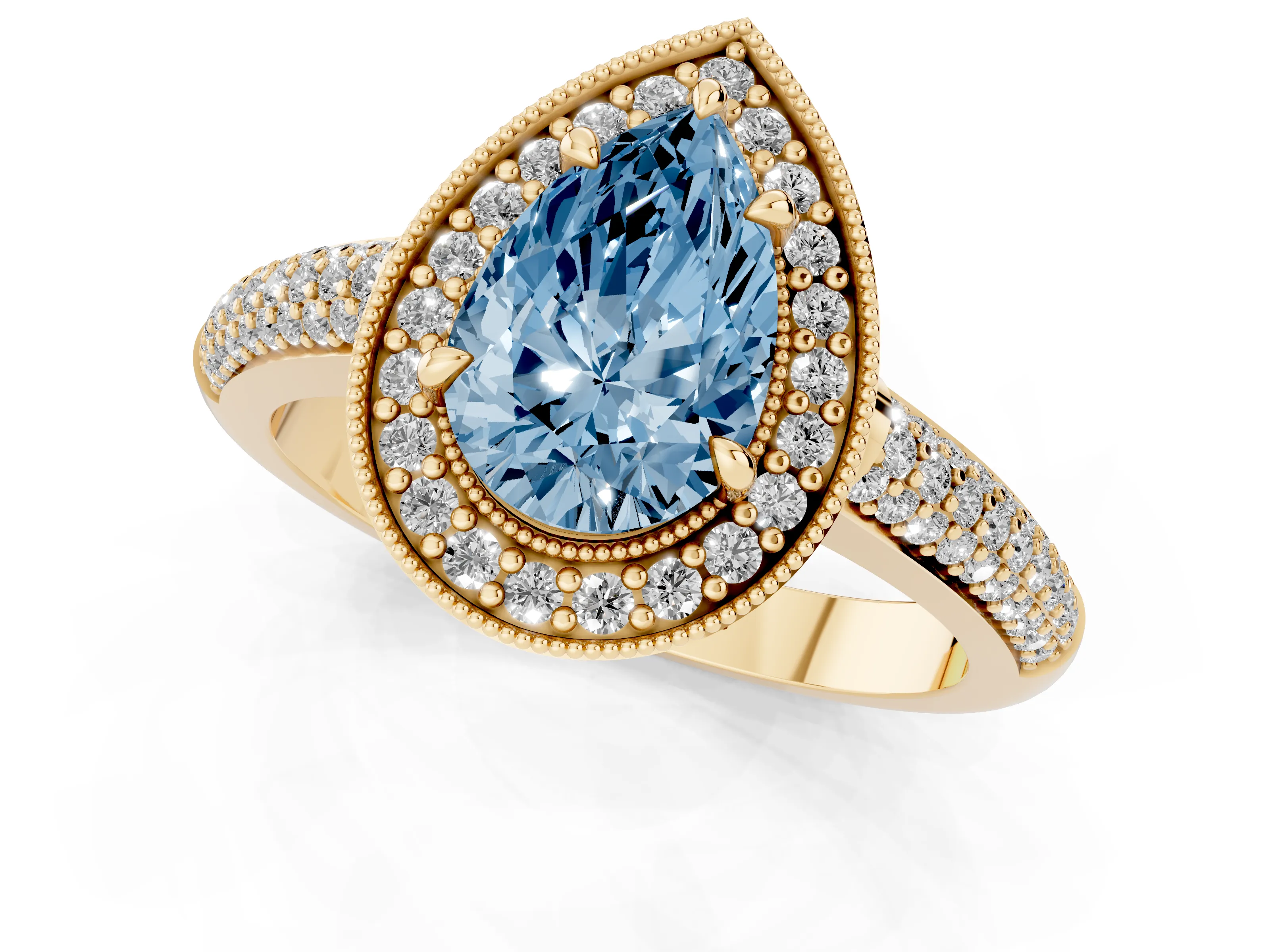 Fancy Blue Pear Cut Diamond Halo Pavé Band Set in Yellow gold with Prong Setting