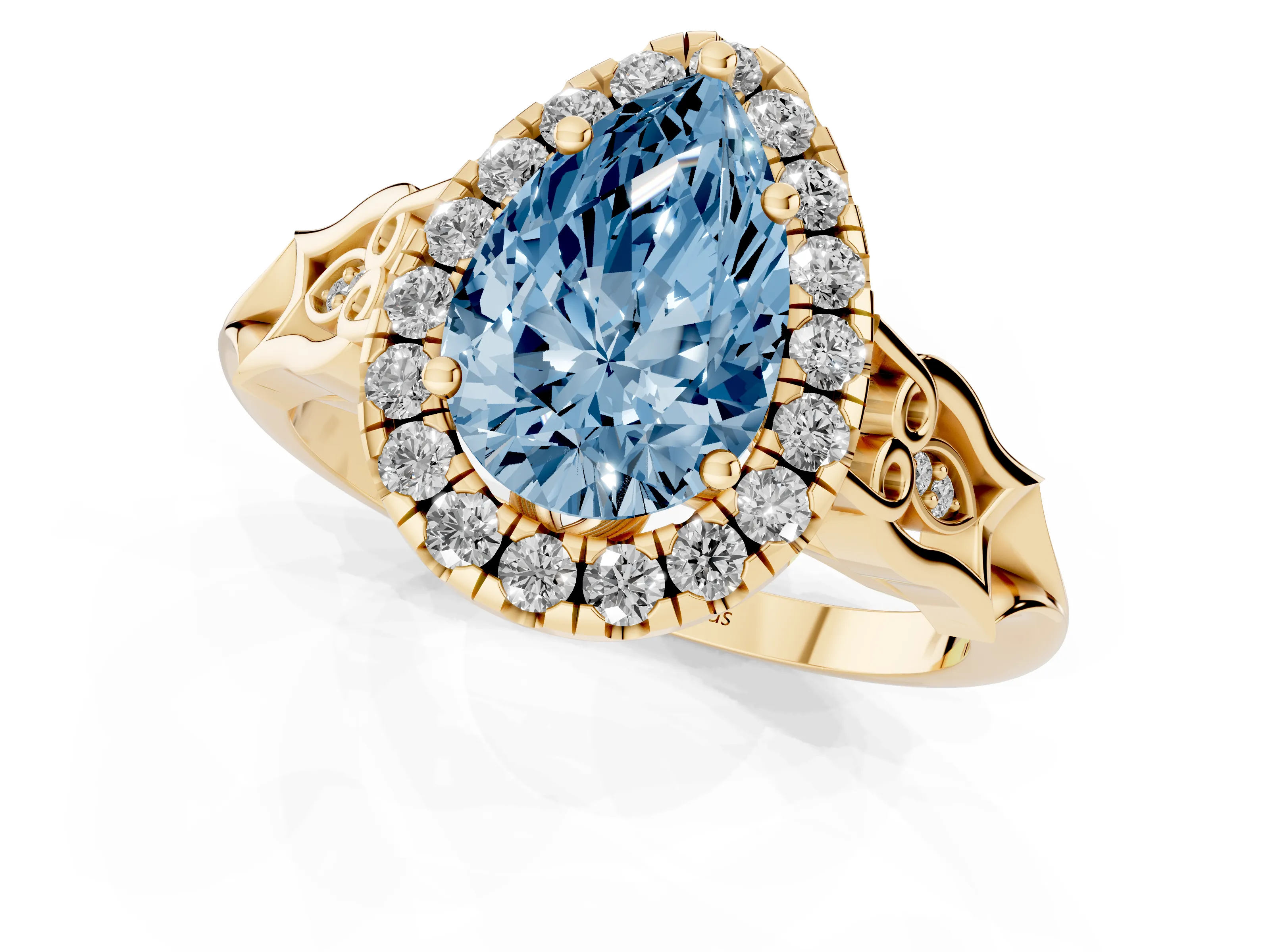 Fancy Blue Pear Cut Diamond Halo Engagement Ring Set in Yellow gold with Filigree Band and Prong-Set Center