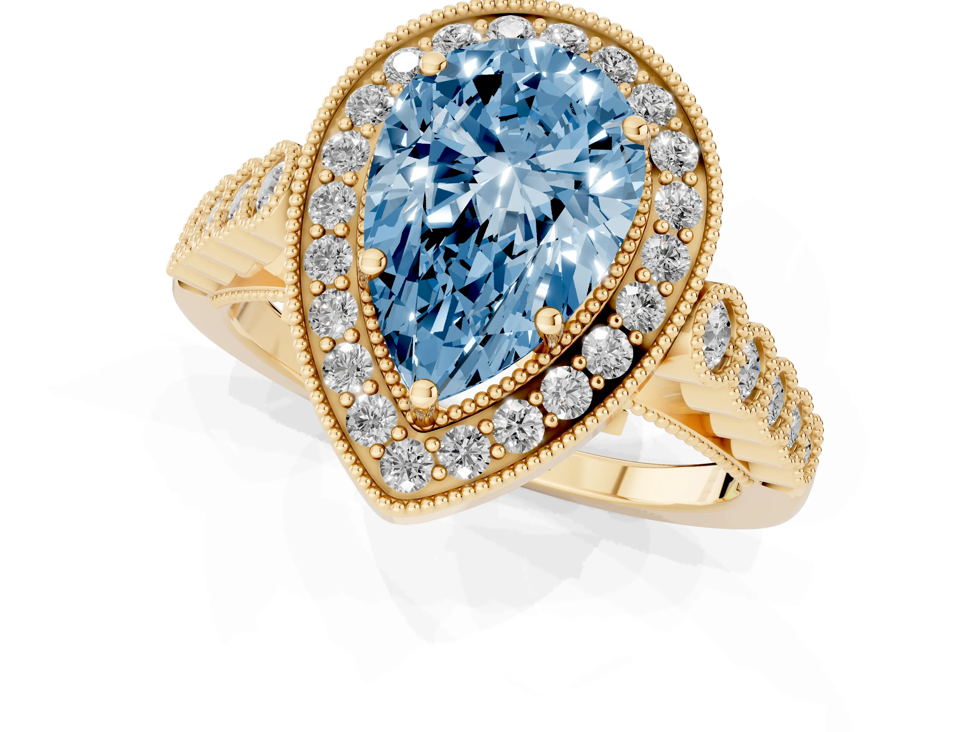 Fancy Blue Pear Cut Diamond Milgrain Halo Solitaire Ring Set in Yellow gold with Bezel Set Side Stones and Pavé Band