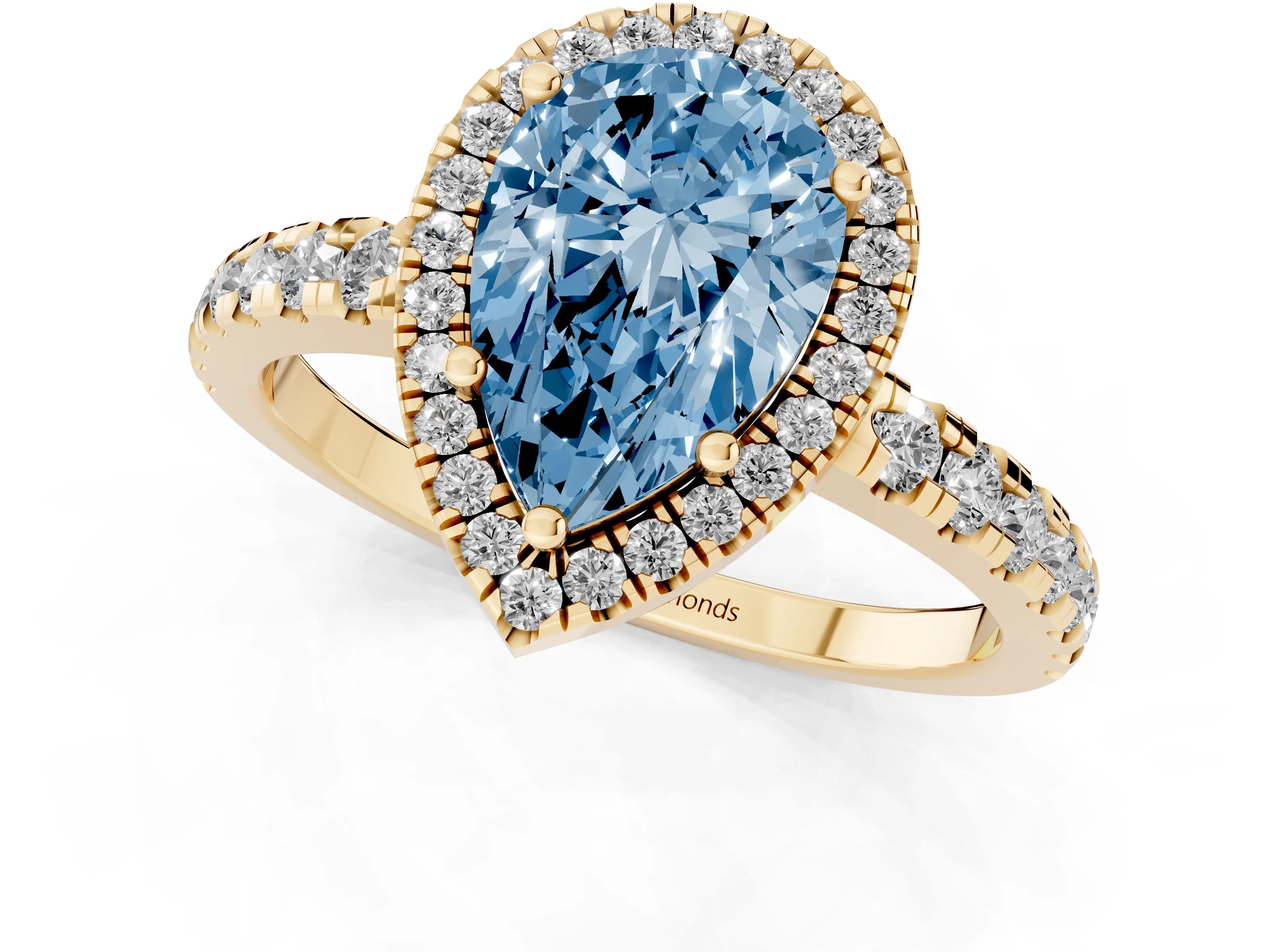 Fancy Blue Pear Cut Diamond Halo Ring Set in Yellow gold with Delicate Pavé Band and Prong Setting
