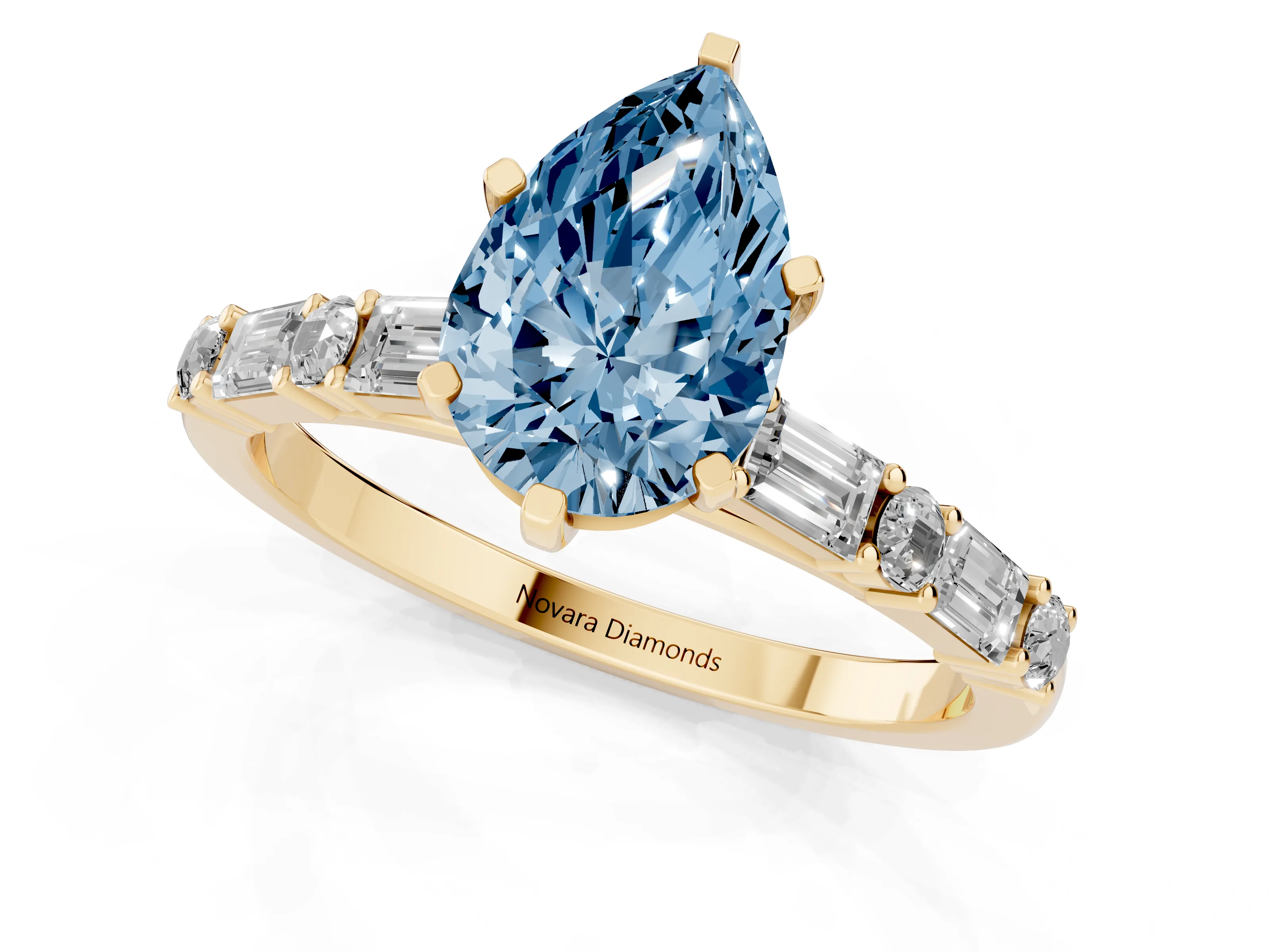 Fancy Blue Pear Cut Diamond Solitaire Set in Yellow gold with Side Baguettes and Channel Set Band