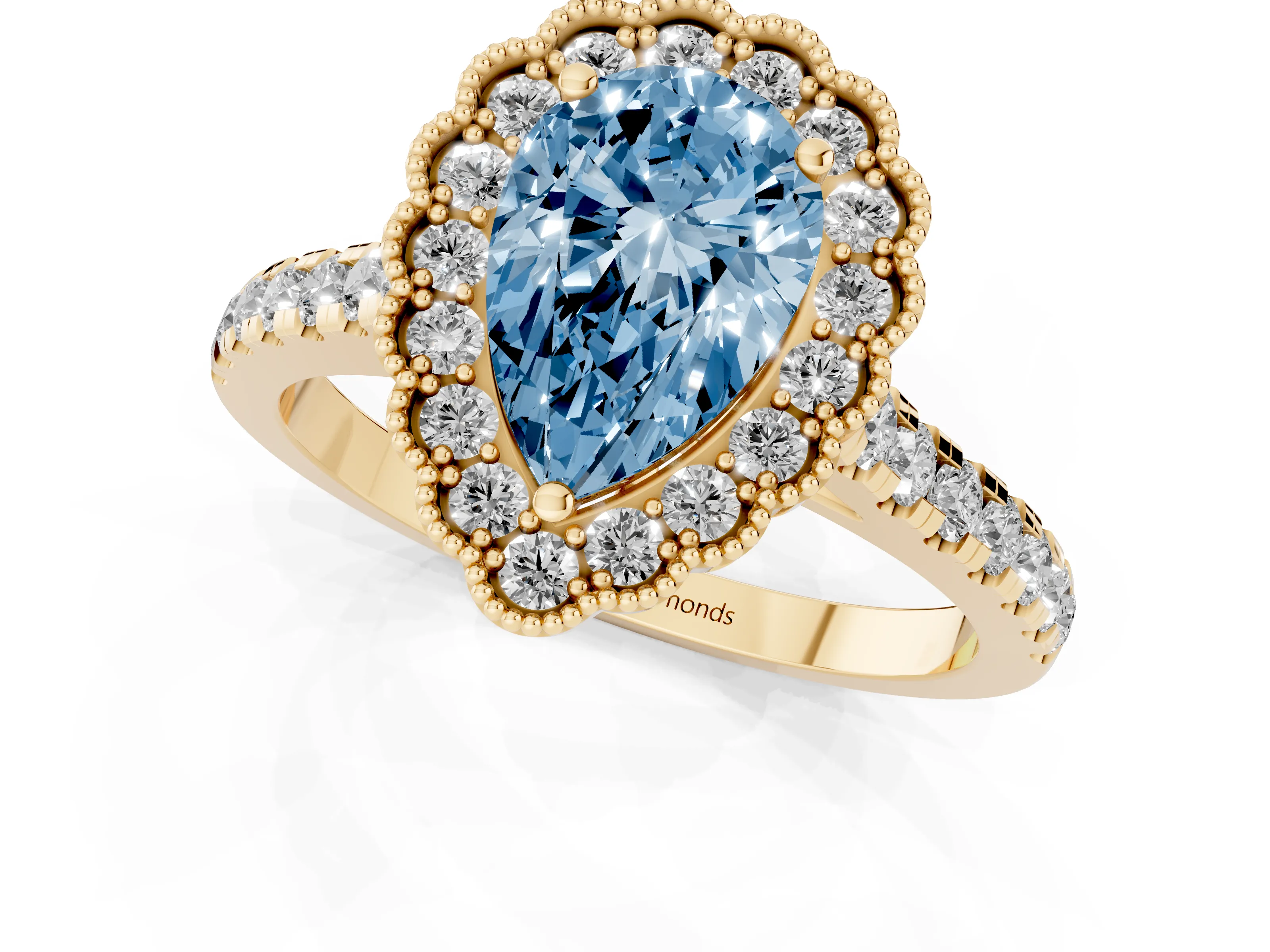 Fancy Blue Pear Cut Diamond Milgrain Floral Halo Engagement Ring Set in Yellow gold with Pavé Band