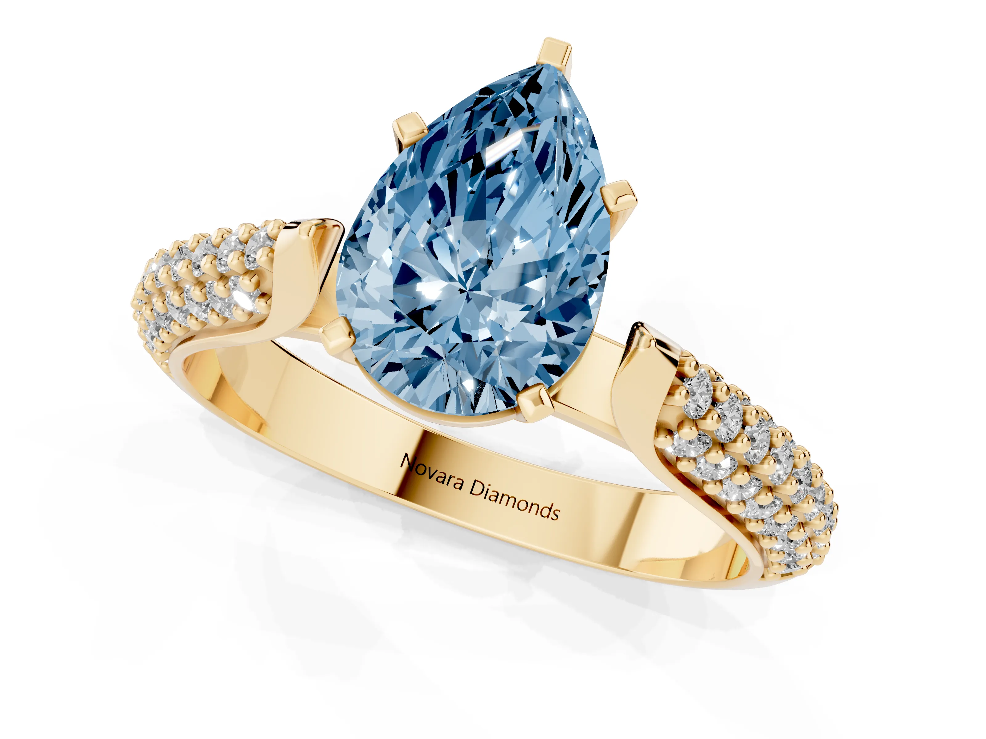 Fancy Blue Pear Cut Diamond Solitaire Engagement Ring Set in Yellow gold with Multi-Row Round Pavé Band and Prong Setting
