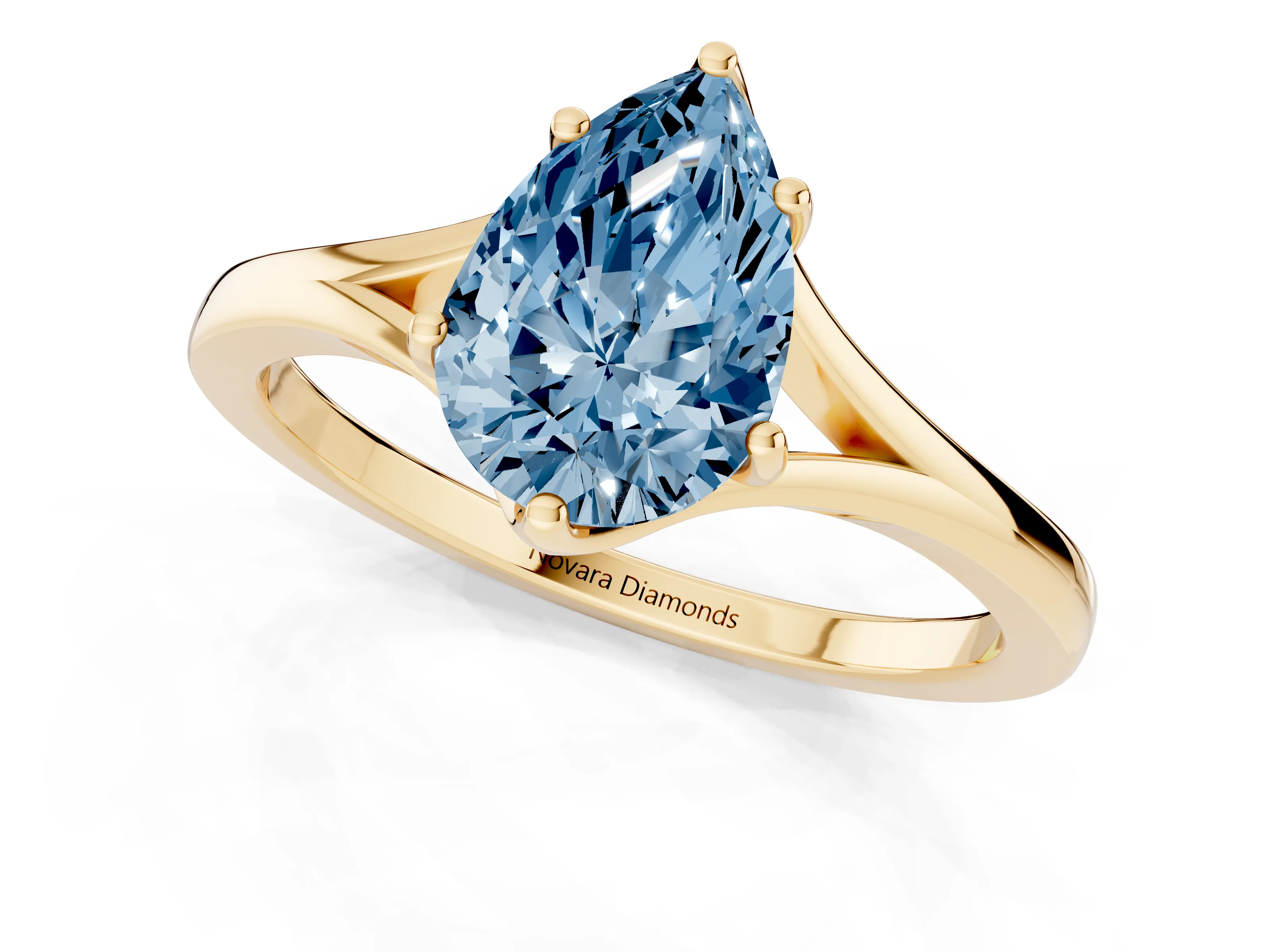Fancy Blue Pear Cut Diamond Solitaire Ring Set in Yellow gold with Polished Tapered Band and Prong Setting