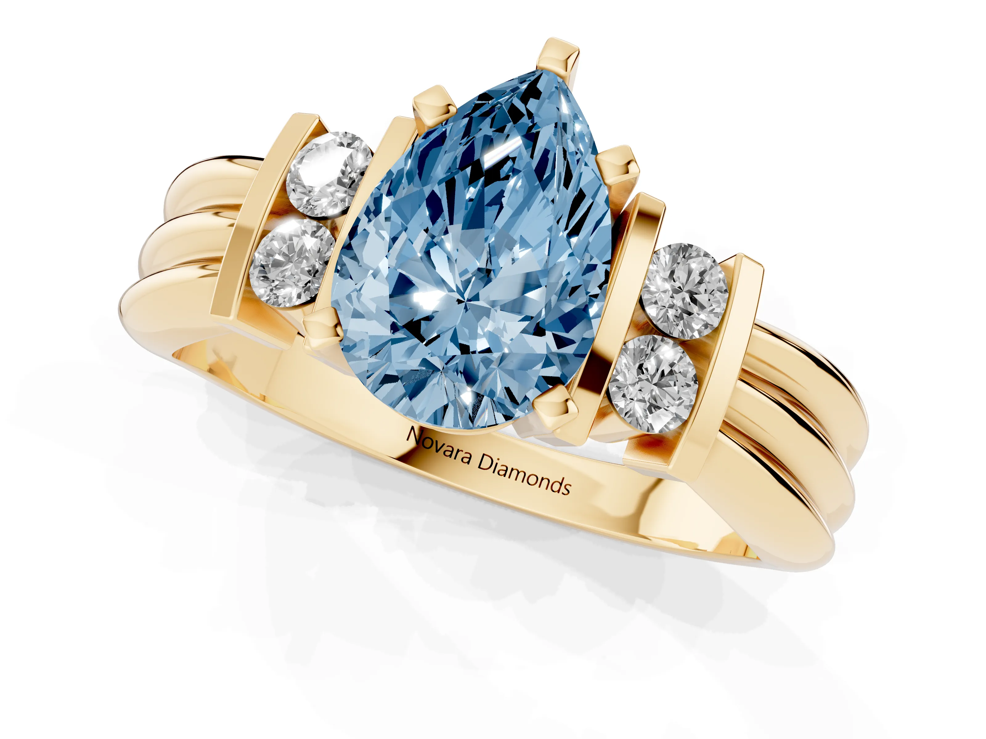 Fancy Blue Three-Stone Pear Cut Diamond Channel Set Ring Set in Yellow gold with Bar Prongs