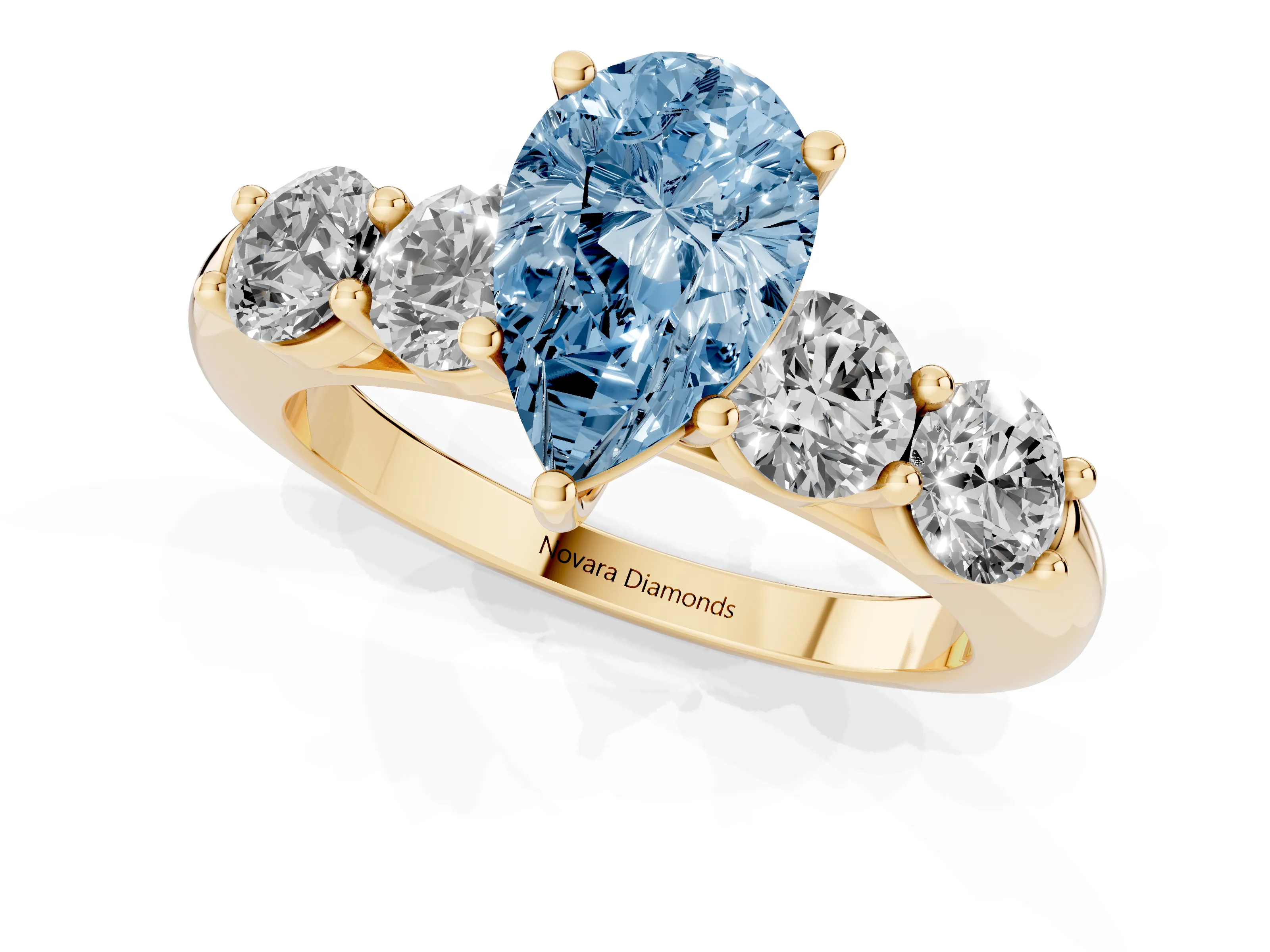 Fancy Blue Pear Cut Diamond Five-Stone Prong Set Ring Set in Yellow gold with Classic Band