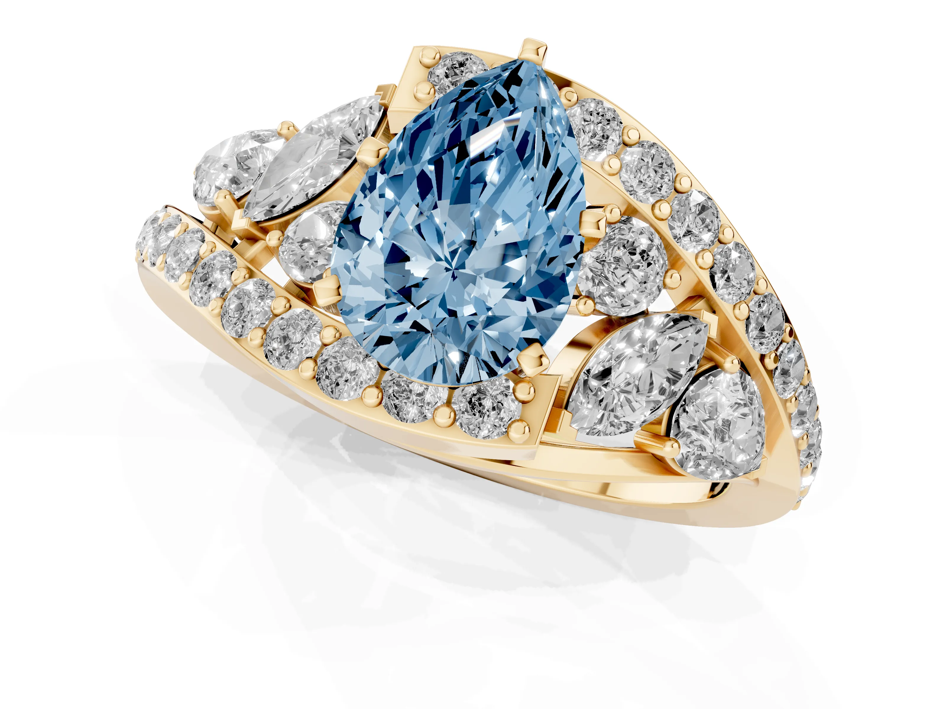 Fancy Blue Pear Cut Diamond Halo Ring Set in Yellow gold with Marquise and Pavé Band in Prong Setting