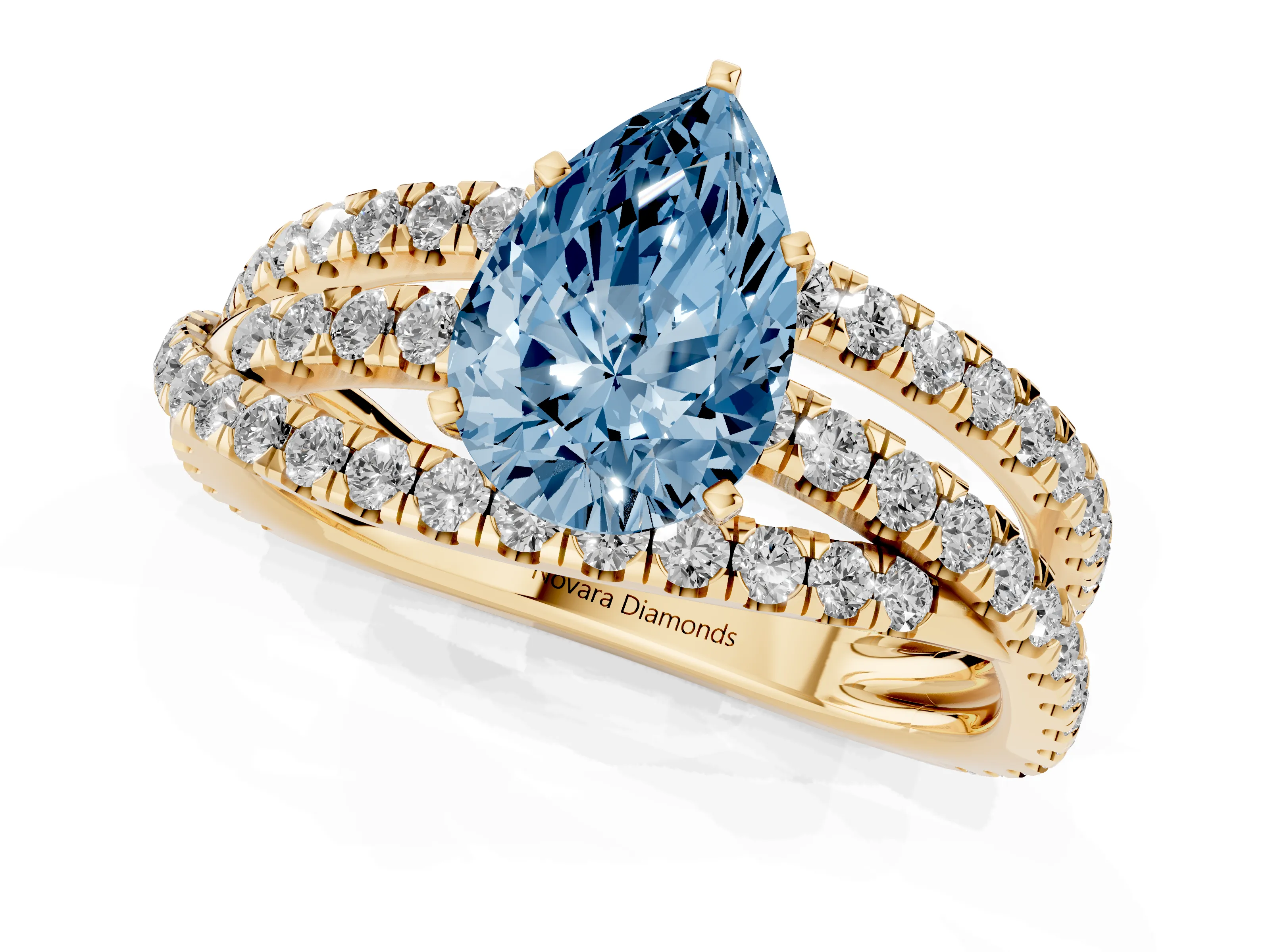 Fancy Blue Pear Cut Diamond Solitaire Twist Band Ring Set in Yellow gold with Pavé Setting and Prong Head
