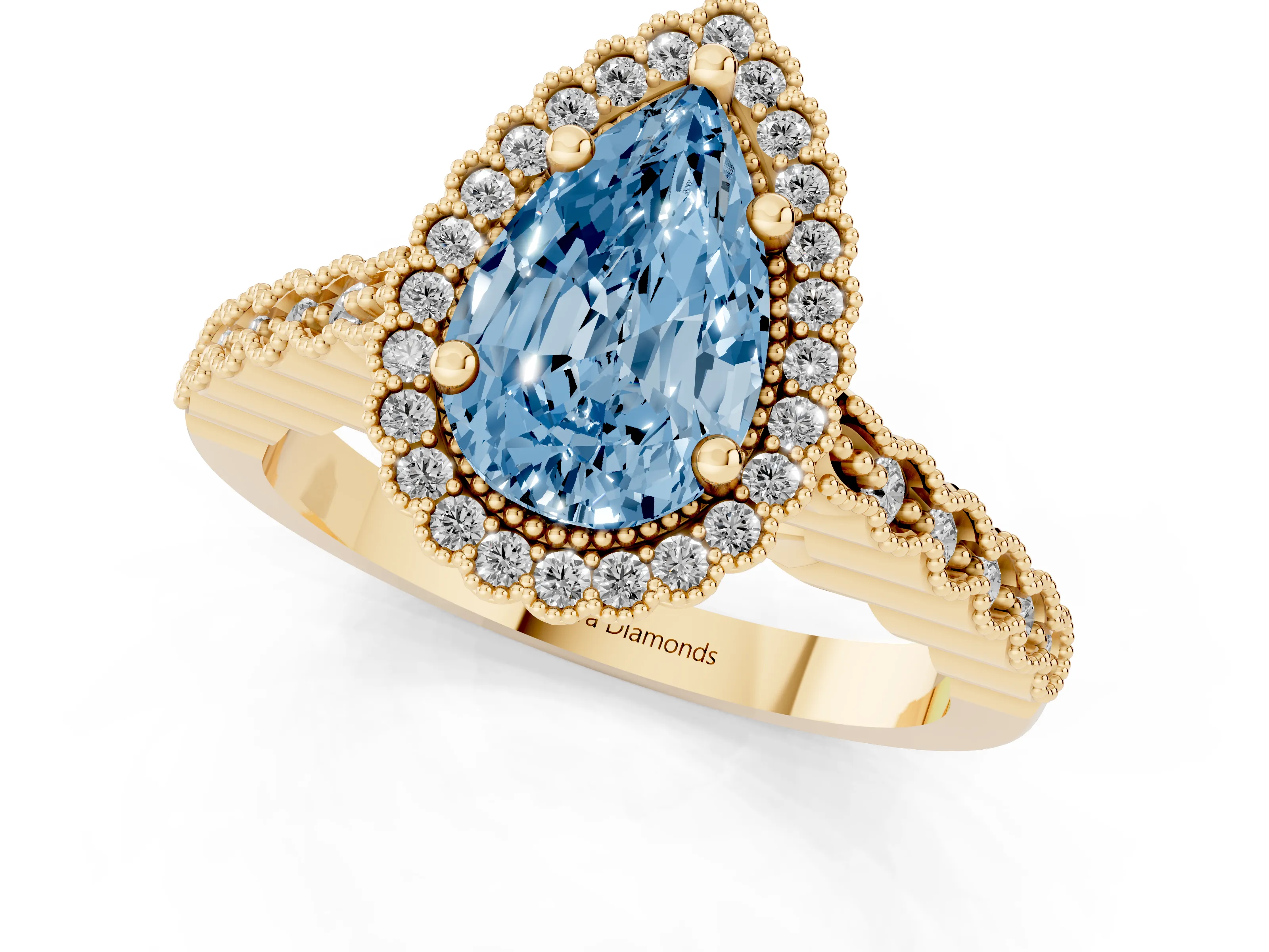 Fancy Blue Pear Cut Diamond Halo Ring Set in Yellow gold with Pavé Milgrain Band