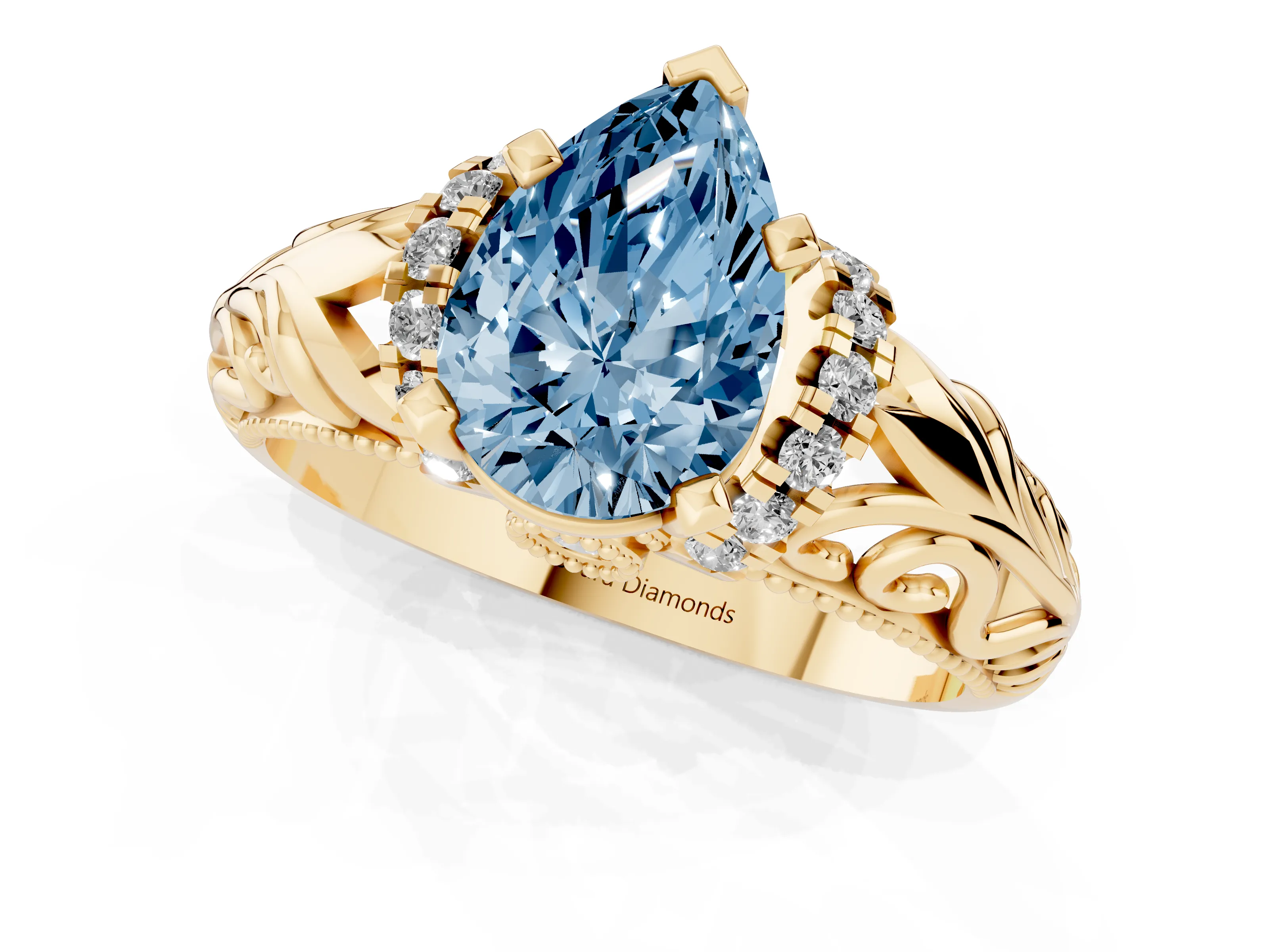 Fancy Blue Pear Cut Diamond Filigree Halo Engagement Ring Set in Yellow gold with Prong Setting