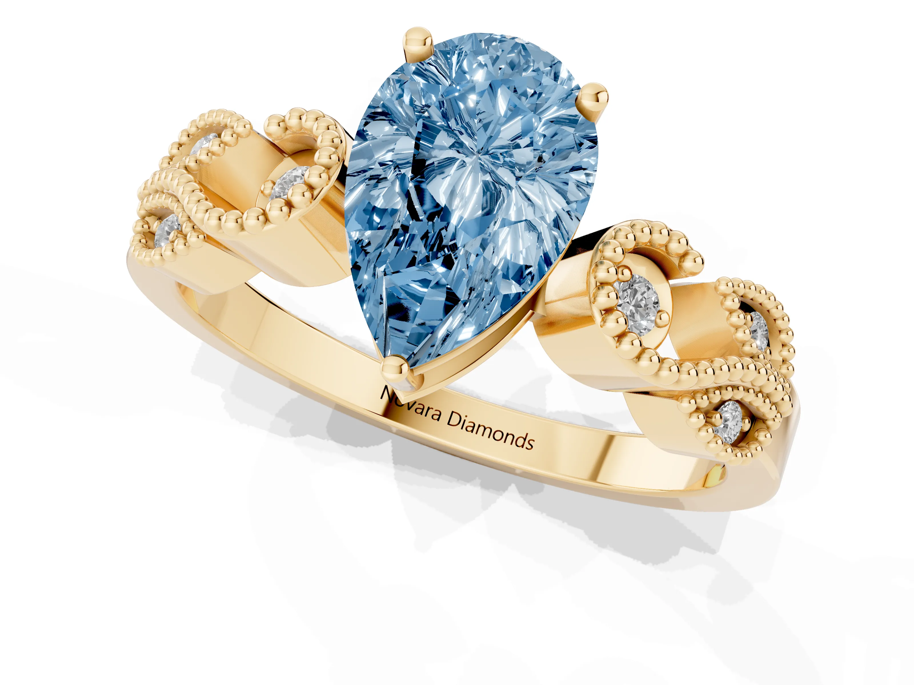 Fancy Blue Pear Cut Diamond Milgrain Leaf Band Solitaire Ring Set in Yellow gold with Accent Stones and Prong Setting