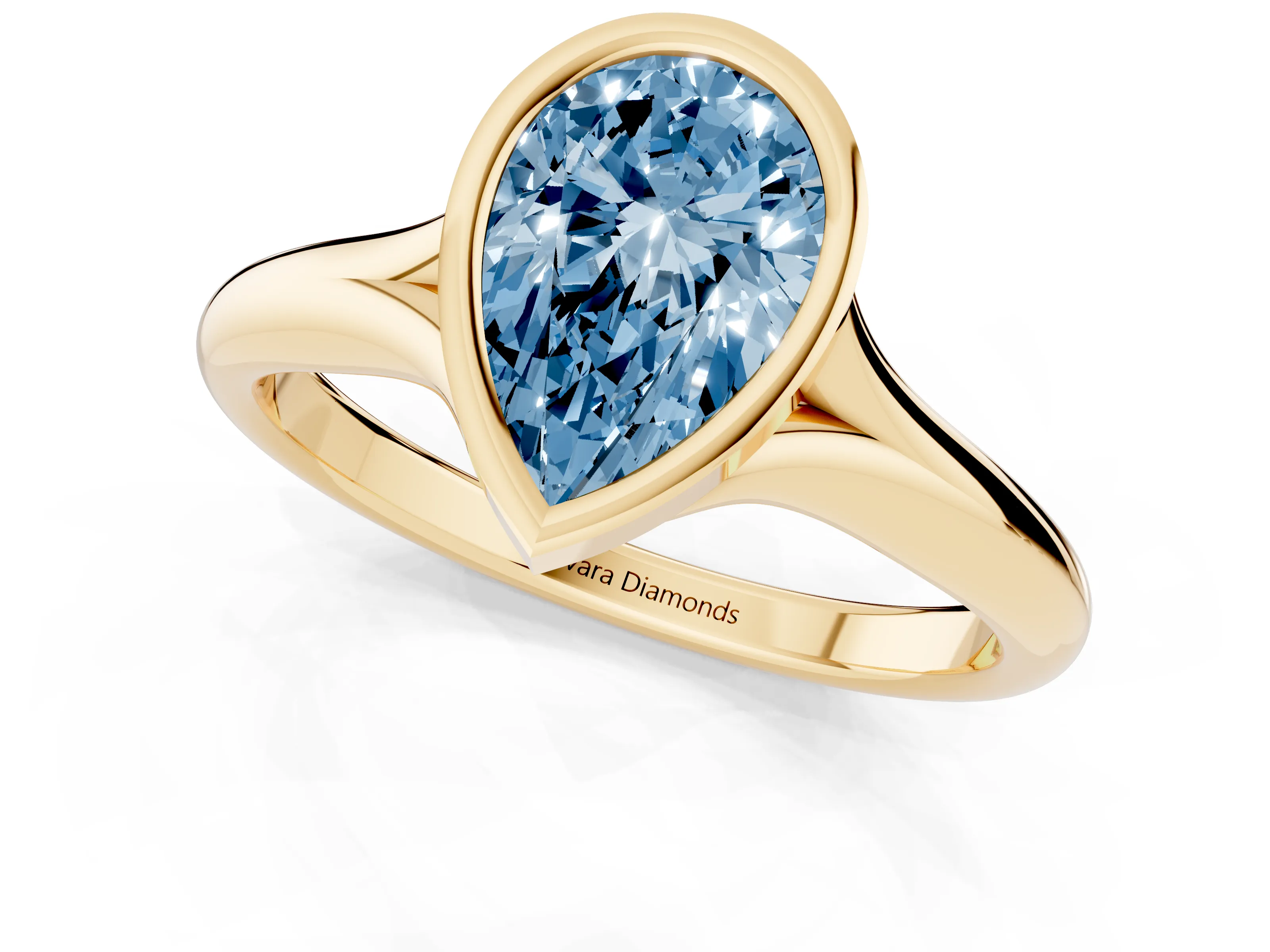 Fancy Blue Bezel Set Pear Cut Diamond Solitaire Ring Set in Yellow gold with Smooth Band