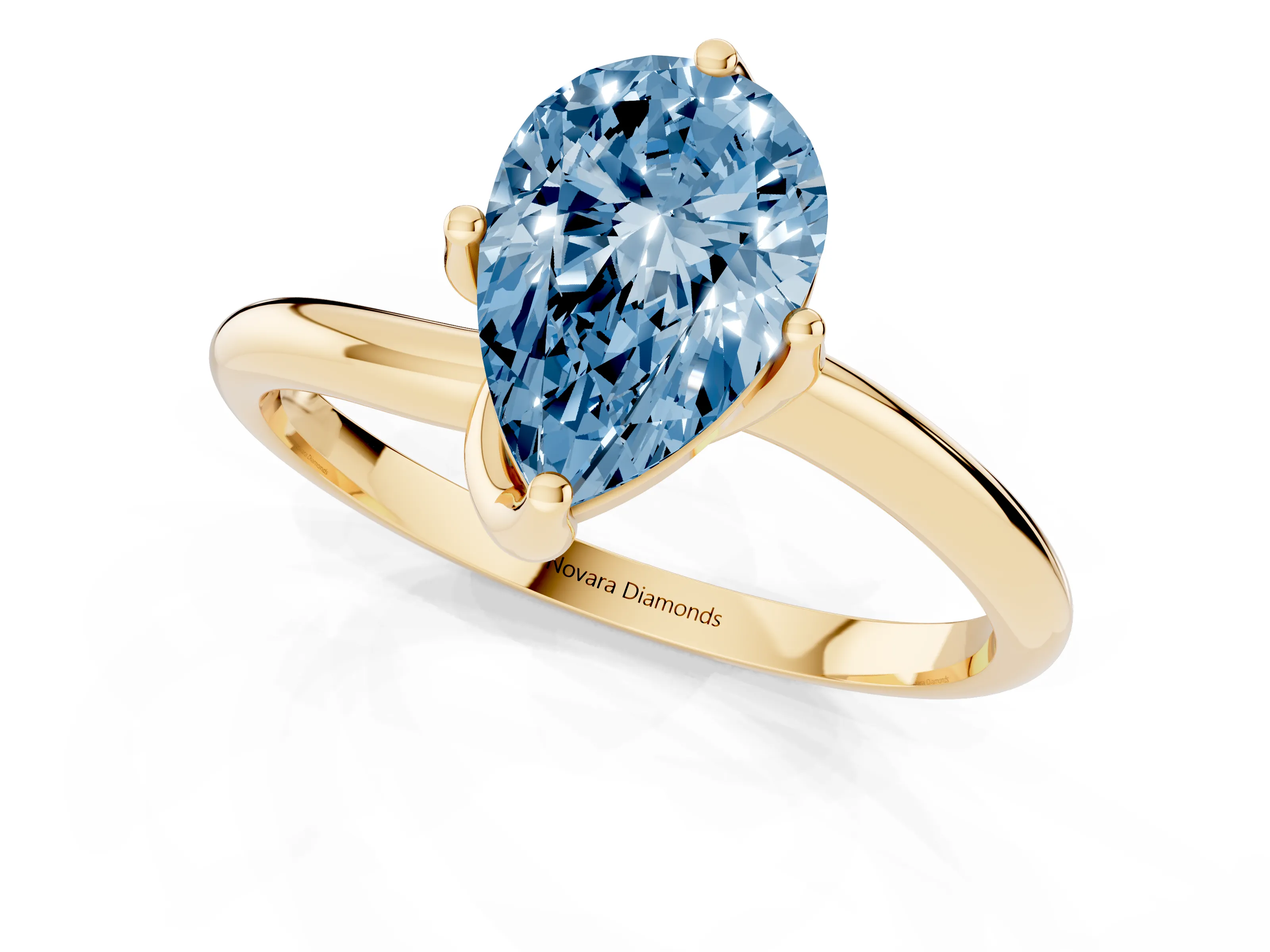 Fancy Blue Pear Cut Diamond Solitaire Engagement Ring Set in Yellow gold with Classic Plain Band