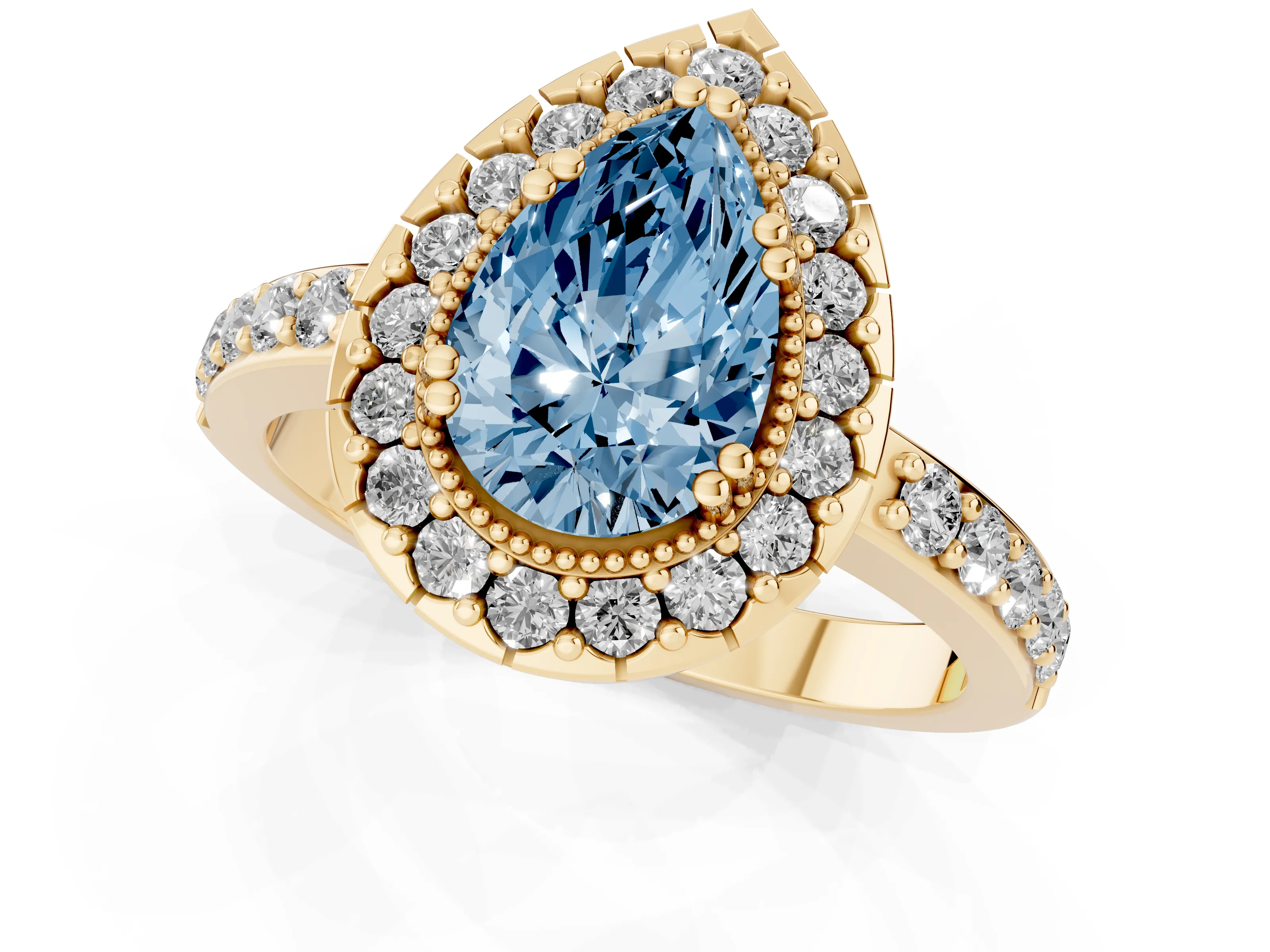 Fancy Blue Pear Cut Diamond Halo Ring Set in Yellow gold with Pavé Shank and Prong Setting