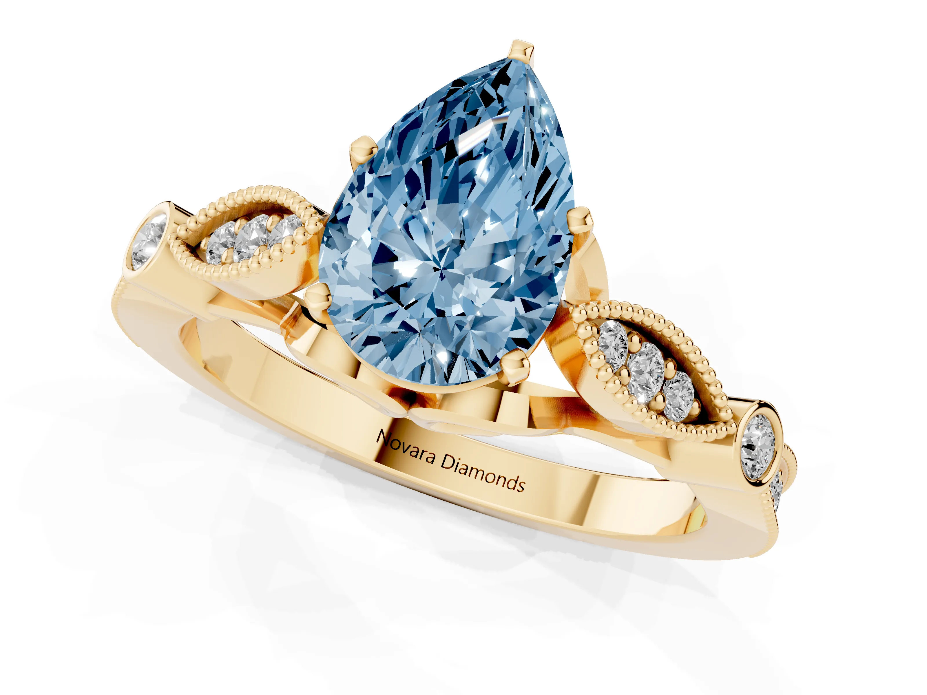Fancy Blue Pear Cut Diamond Solitaire Ring Set in Yellow gold with Milgrain Marquise and Bezel Accents