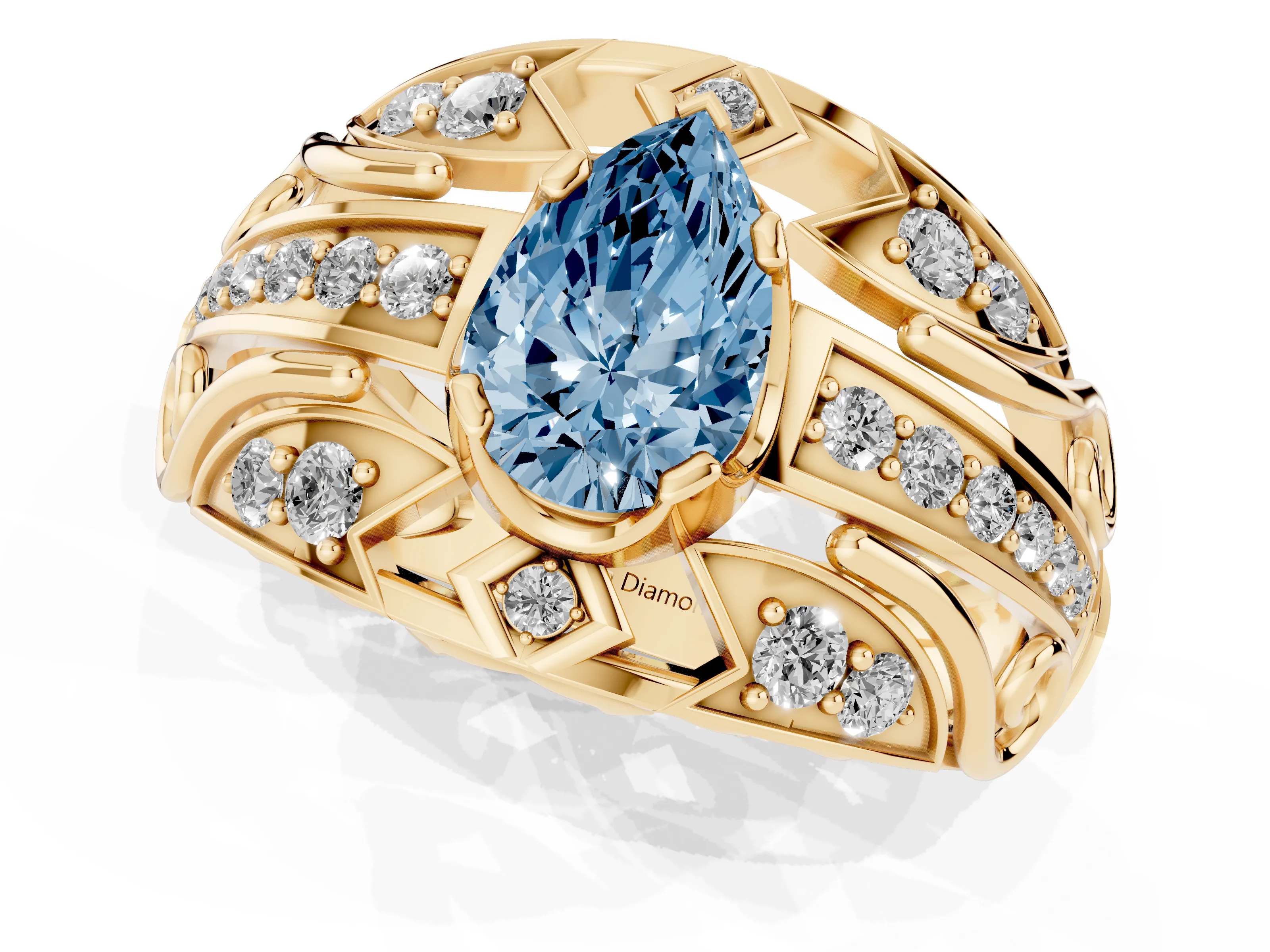 Fancy Blue Pear Cut Diamond Art Deco Ring Set in Yellow gold with Pavé Split Shank