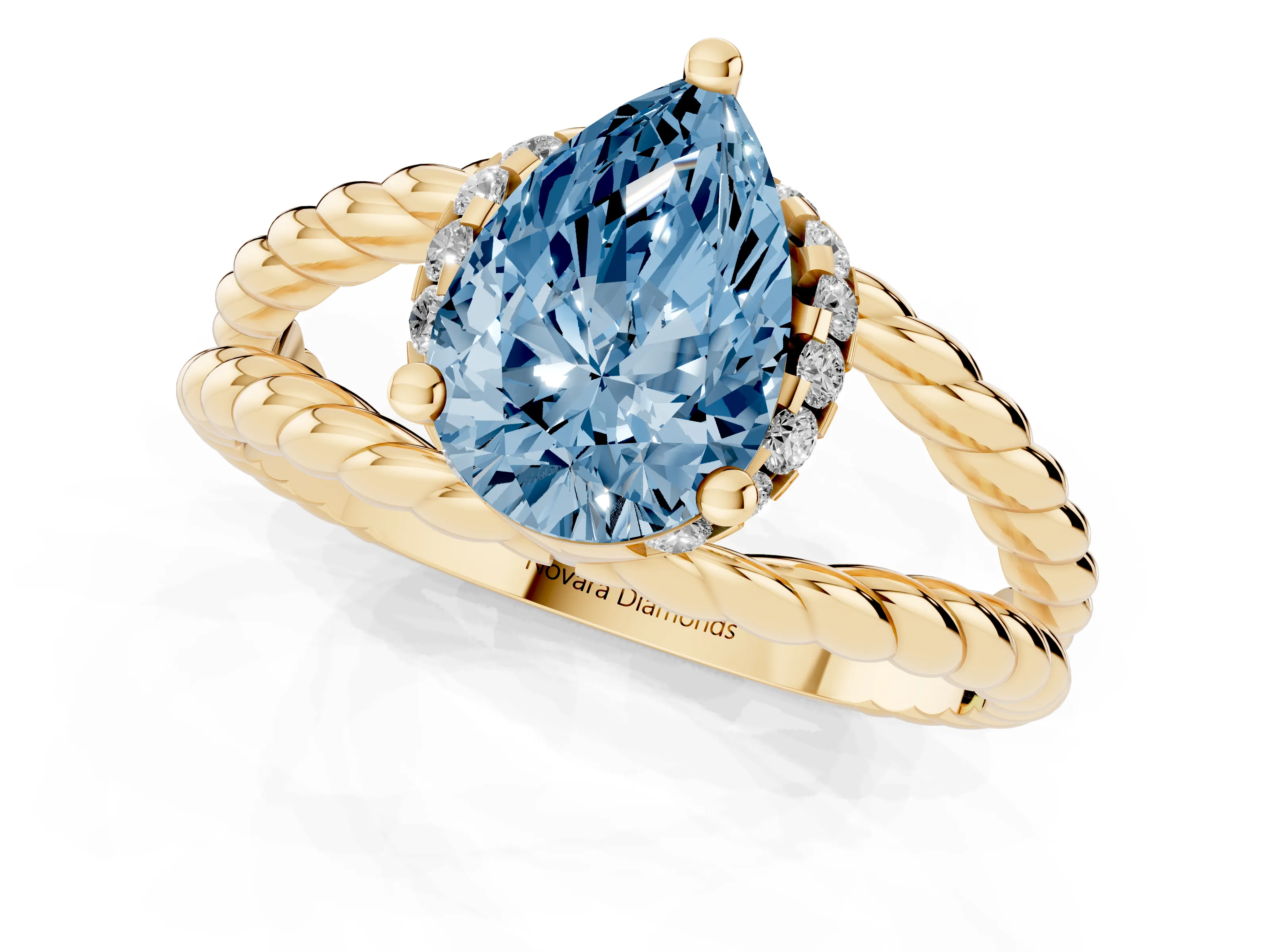 Fancy Blue Pear Cut Diamond Halo Ring Set in Yellow gold with Twisted Band and Prong Setting