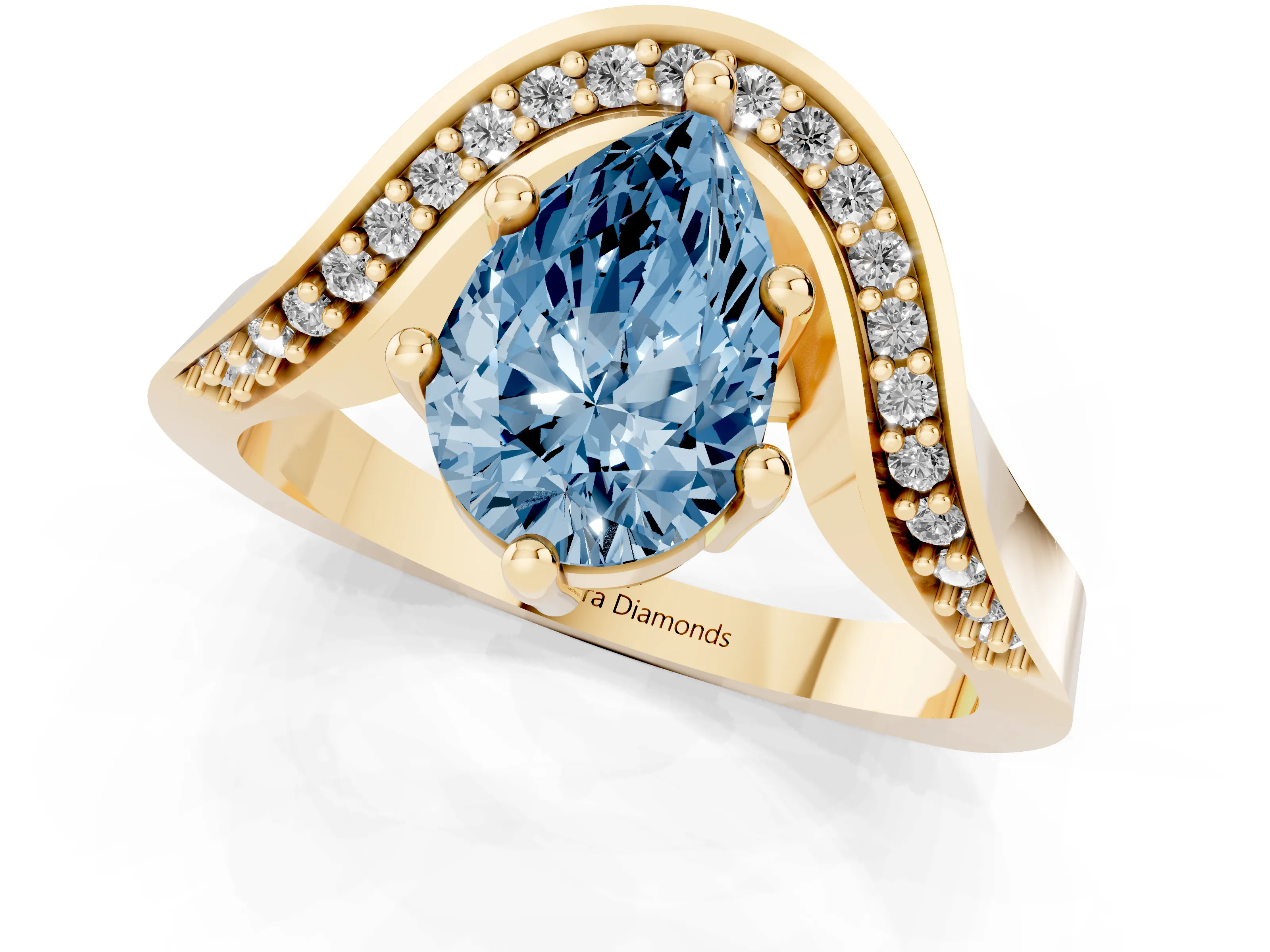 Fancy Blue Pear Cut Diamond Solitaire Engagement Ring Set in Yellow gold with Pavé Shoulders