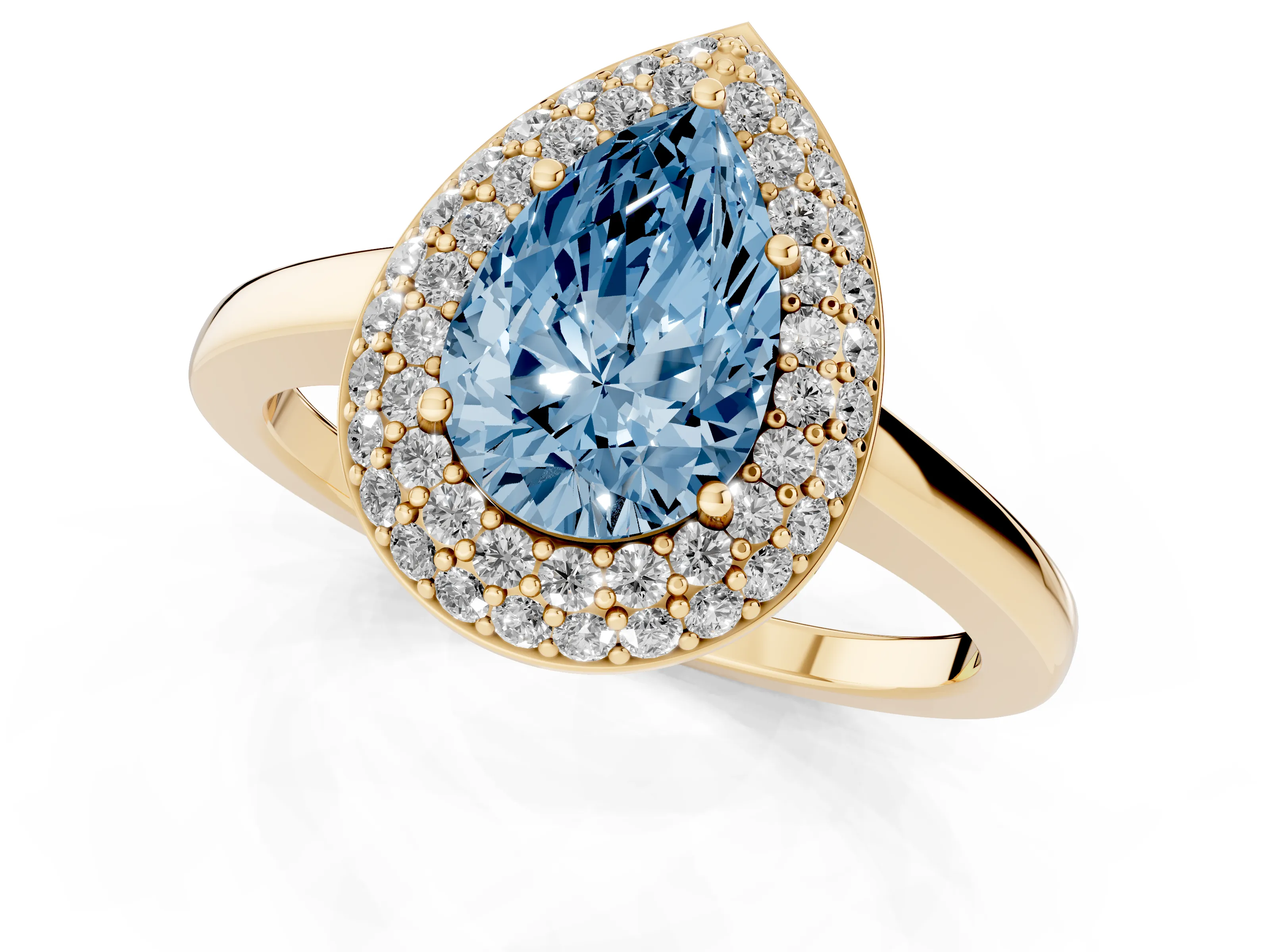 Fancy Blue Pear Cut Diamond Halo Engagement Ring Set in Yellow gold with Solitaire Band and Prong Setting