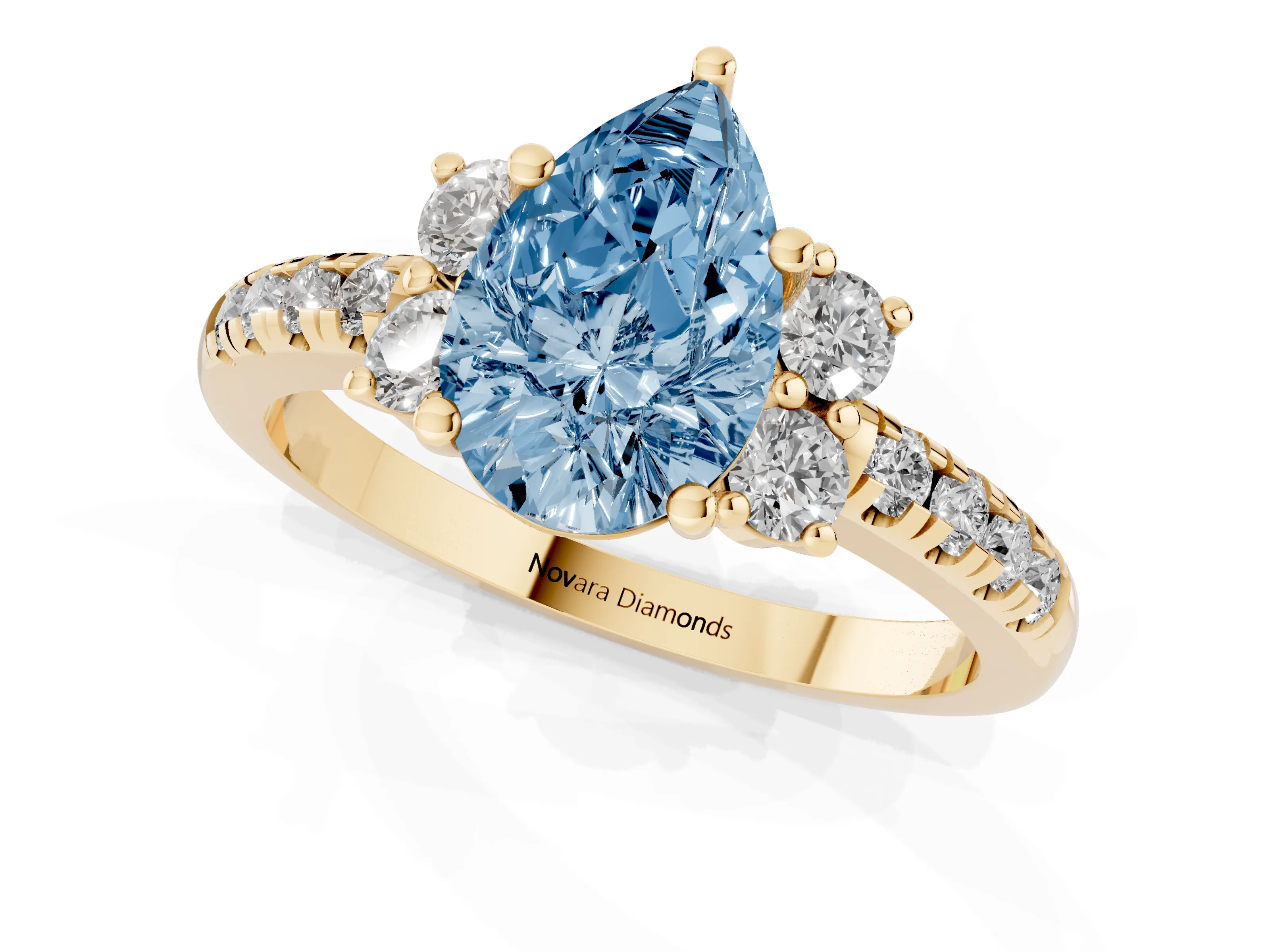 Fancy Blue Pear Cut Diamond Three-Stone Pavé Ring Set in Yellow gold with Prong Setting
