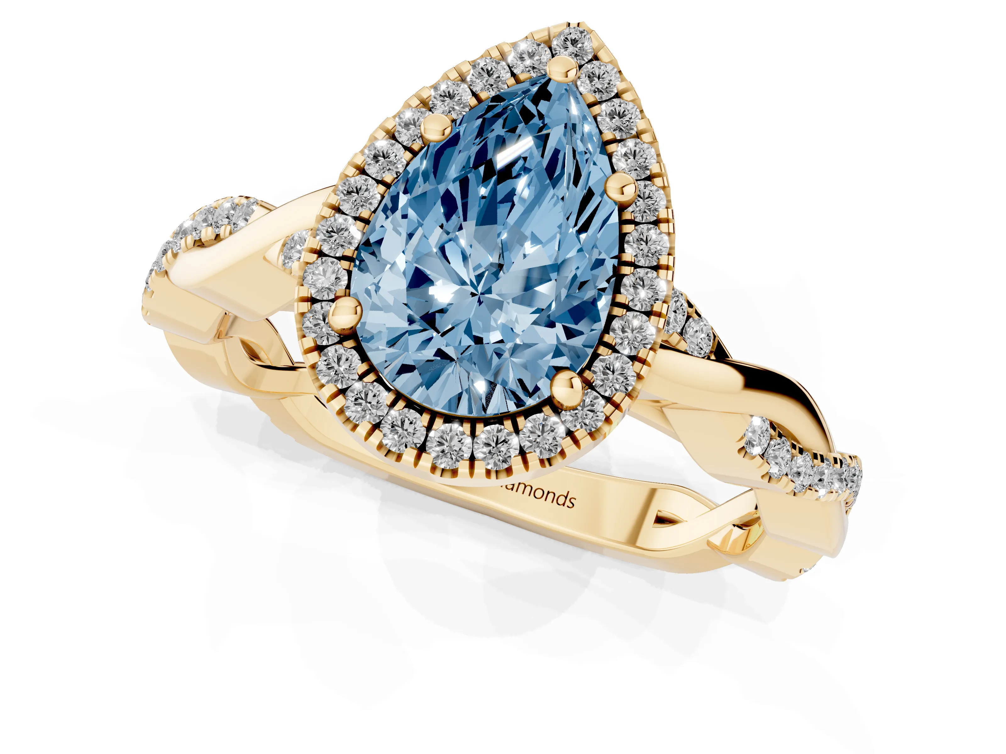 Fancy Blue Pear Cut Diamond Halo Twisted Band Ring Set in Yellow gold with Prong Setting