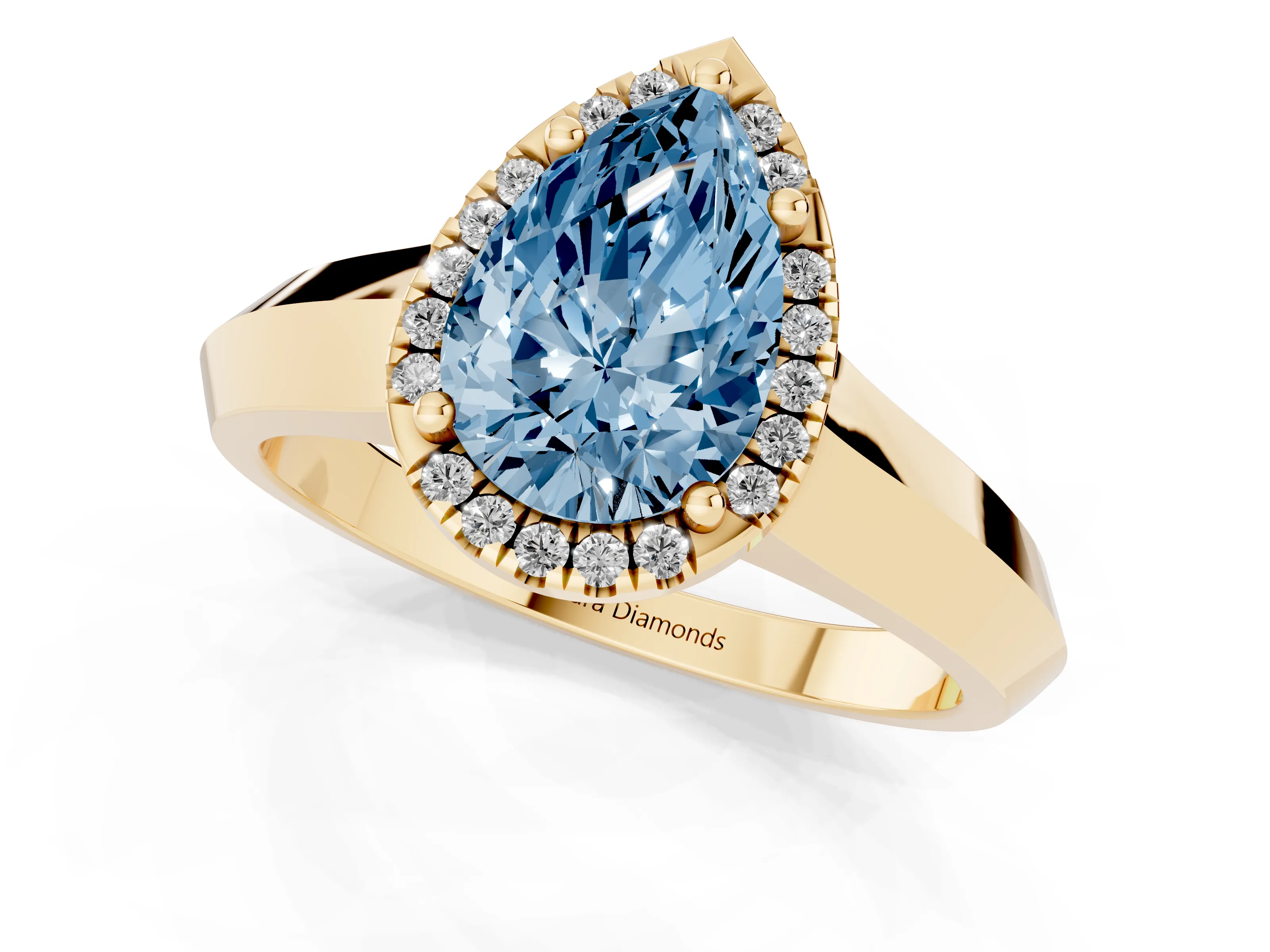 Fancy Blue Pear Cut Diamond Halo Ring Set in Yellow gold with Cathedral Band and Prong Setting