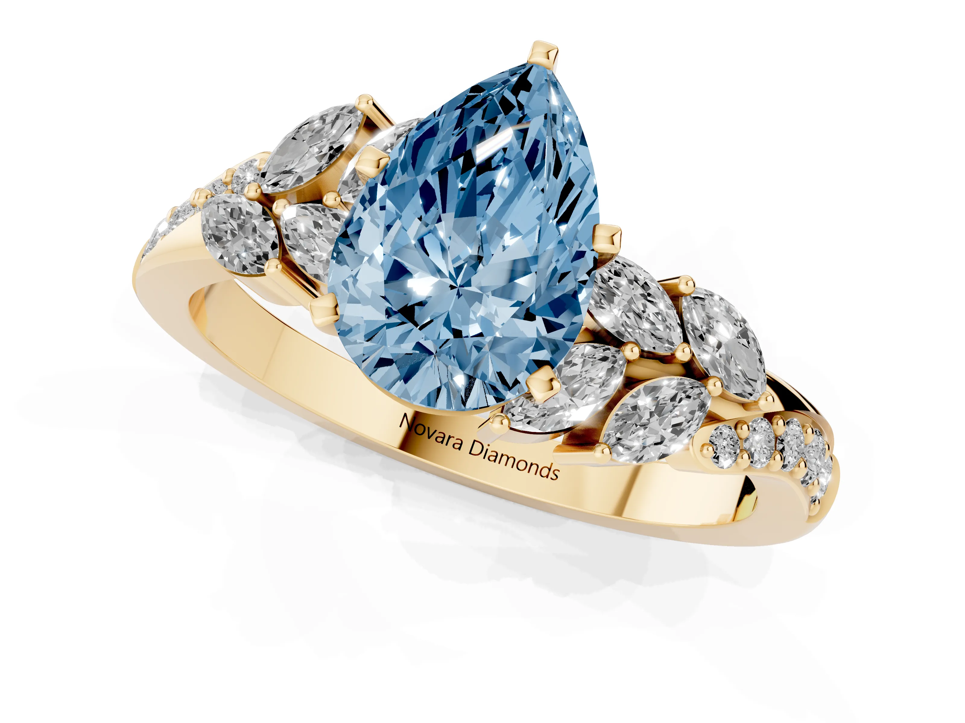 Fancy Blue Pear Cut Diamond Solitaire Ring Set in Yellow gold with Marquise Twist Band and Prong Setting