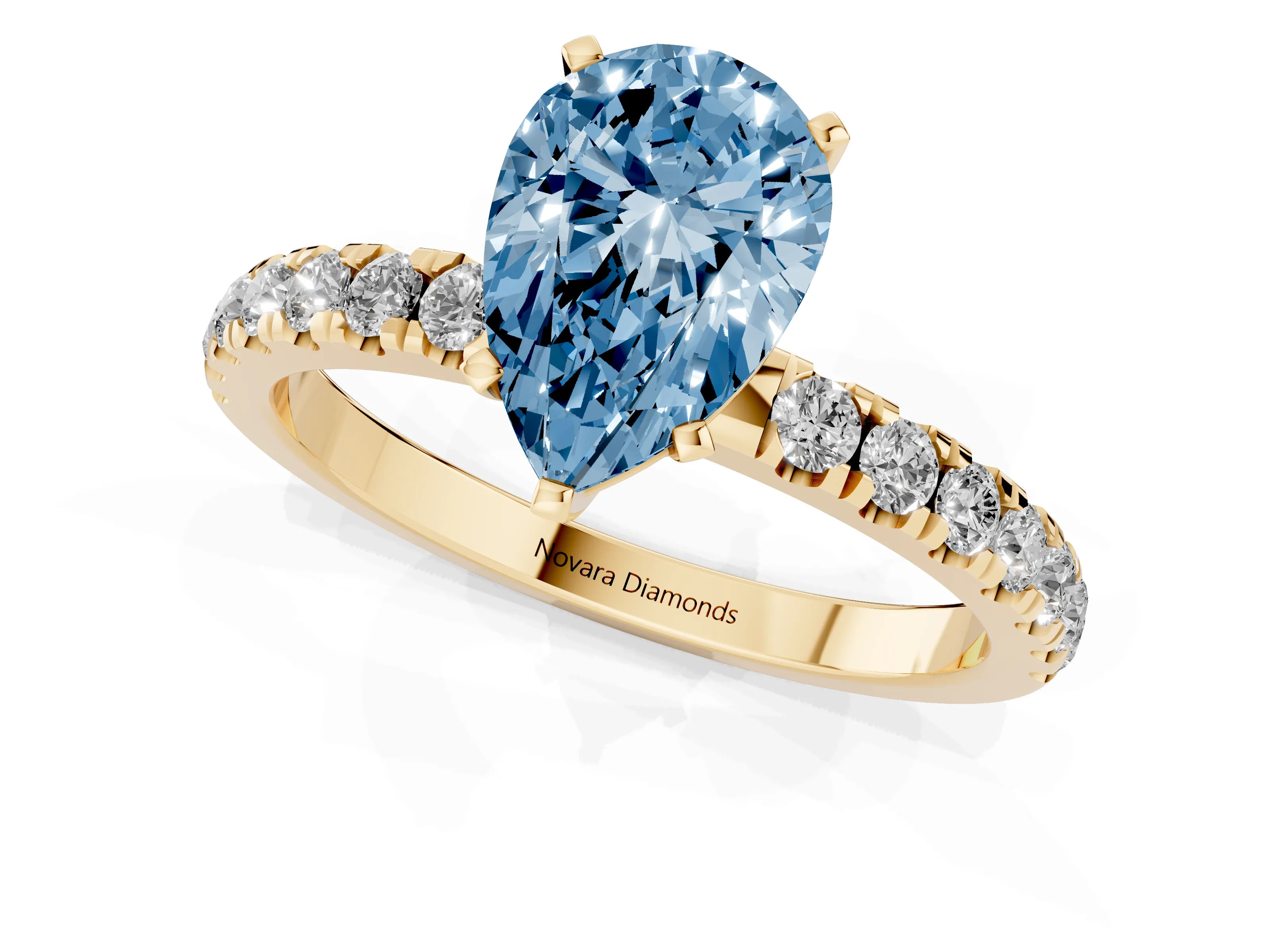 Fancy Blue Pear Cut Diamond Solitaire Ring Set in Yellow gold with Pavé Accents and Prong Setting