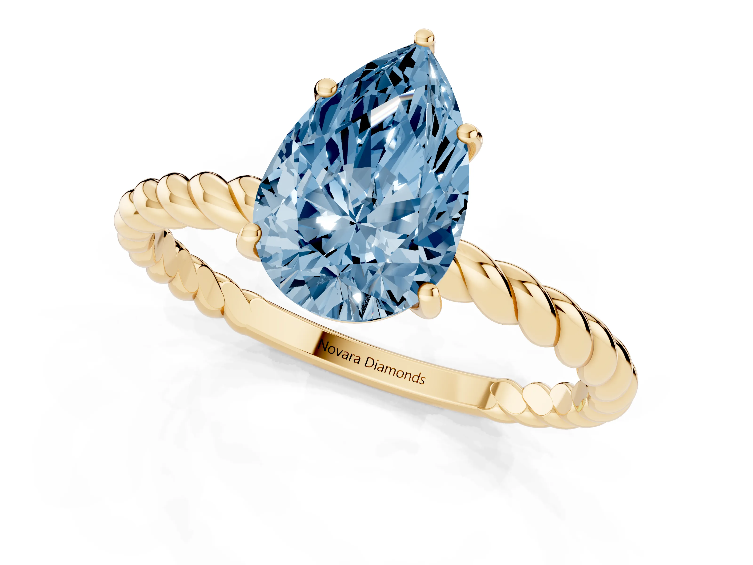 Fancy Blue Pear Cut Diamond Solitaire Ring Set in Yellow gold with Twist Band and Prong Setting