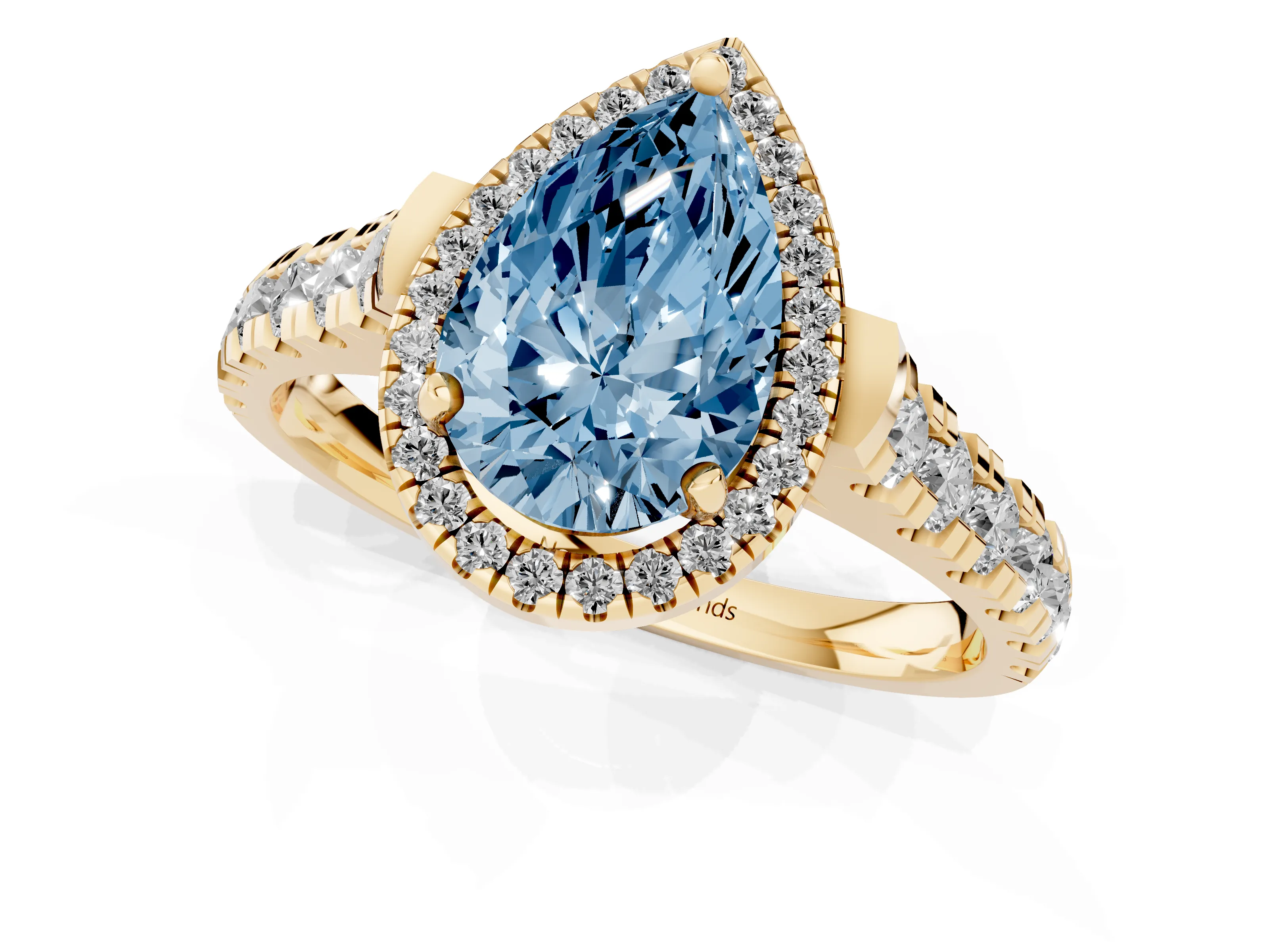 Fancy Blue Pear Cut Diamond Halo Engagement Ring Set in Yellow gold with Pavé Band and Prong-Set Center