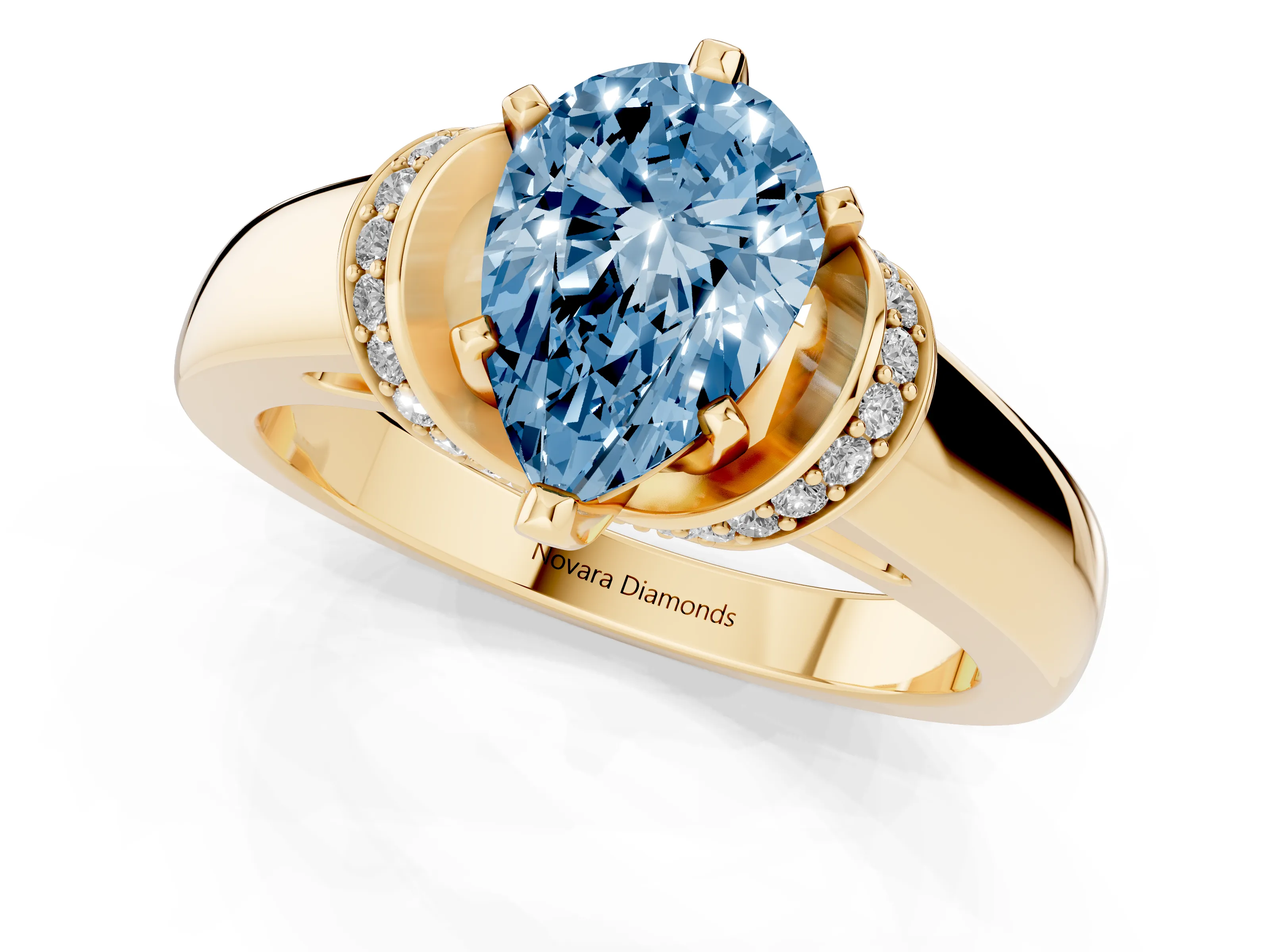 Fancy Blue Pear Cut Diamond Pavé Band Solitaire Ring Set in Yellow gold with Prong Setting