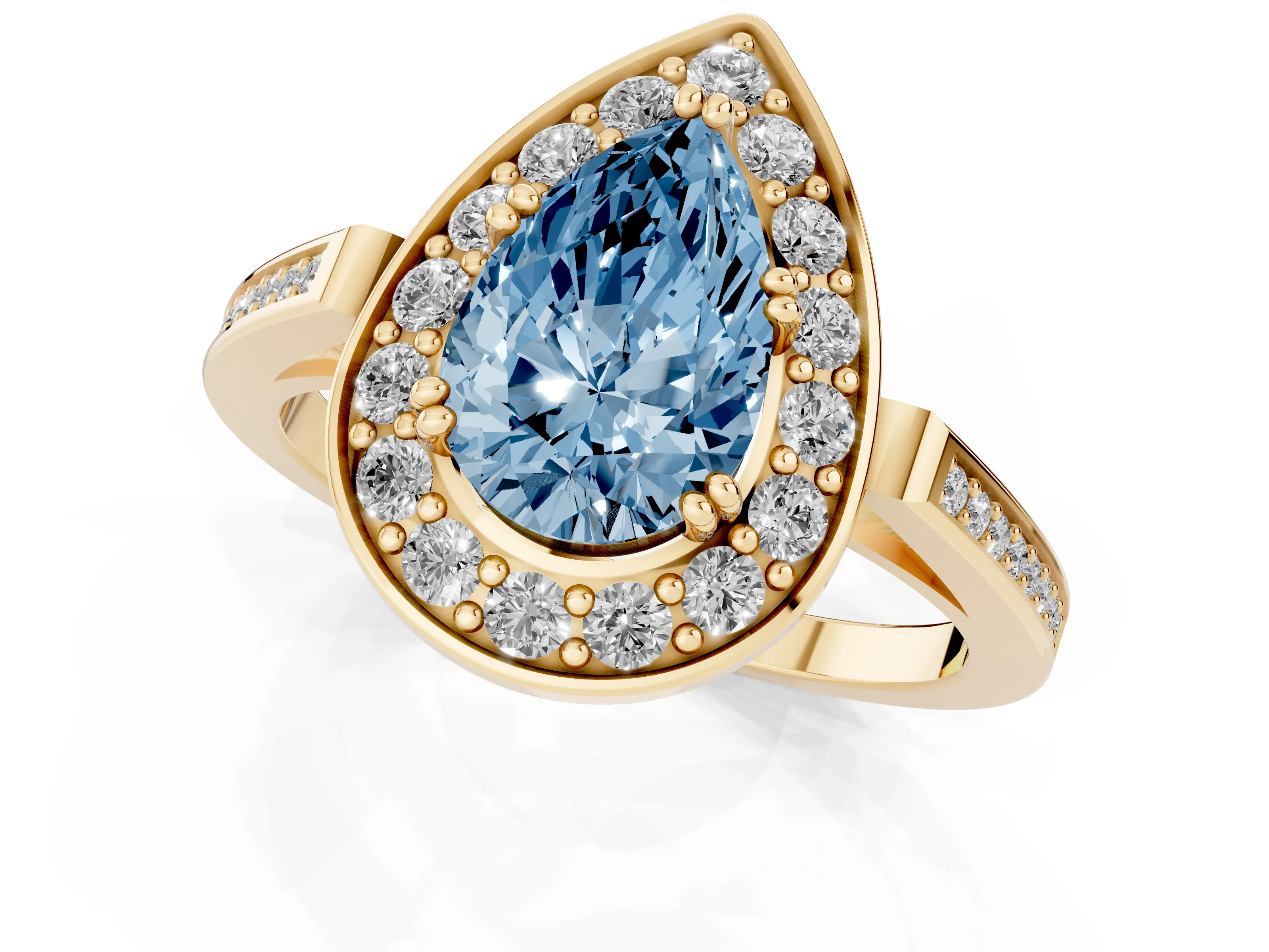 Fancy Blue Pear Cut Diamond Halo Ring Set in Yellow gold with Accent-Lined Split Shank and Prong Setting
