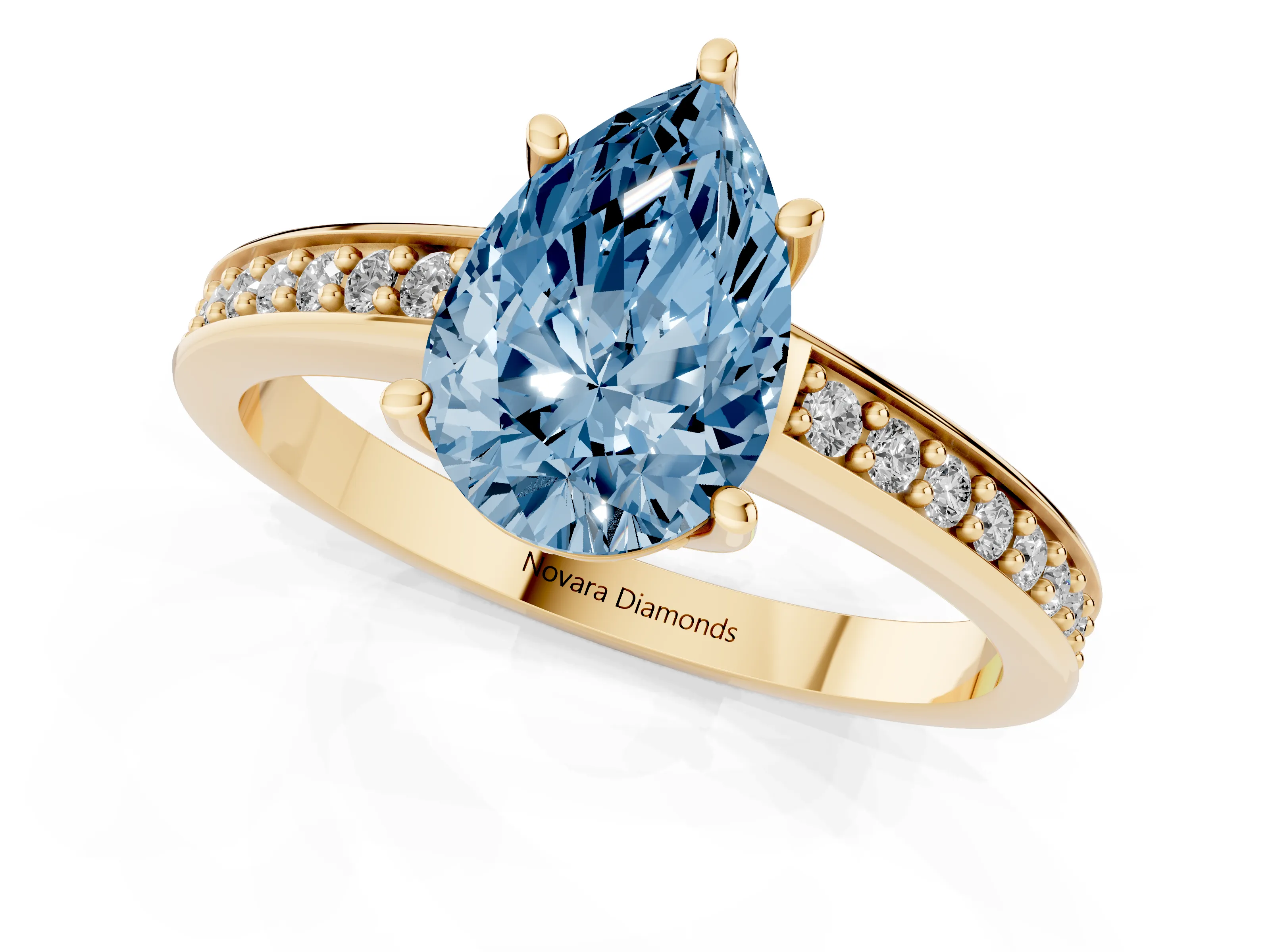 Fancy Blue Pear Cut Diamond Pavé Band Prong Set Solitaire Ring Set in Yellow gold