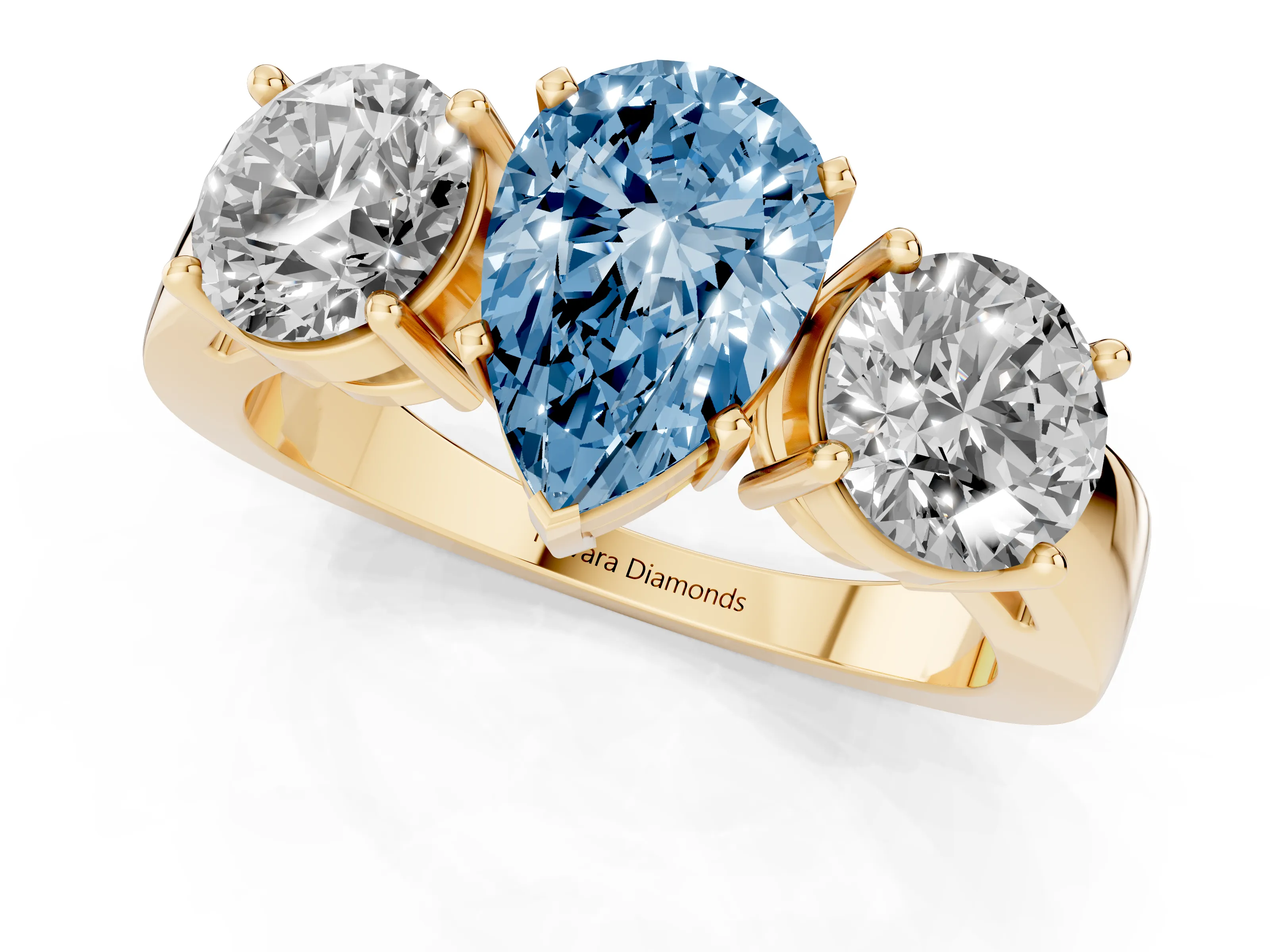 Fancy Blue Pear Cut Diamond Three-Stone Ring Set in Yellow gold with Round Side Stones and Classic Band