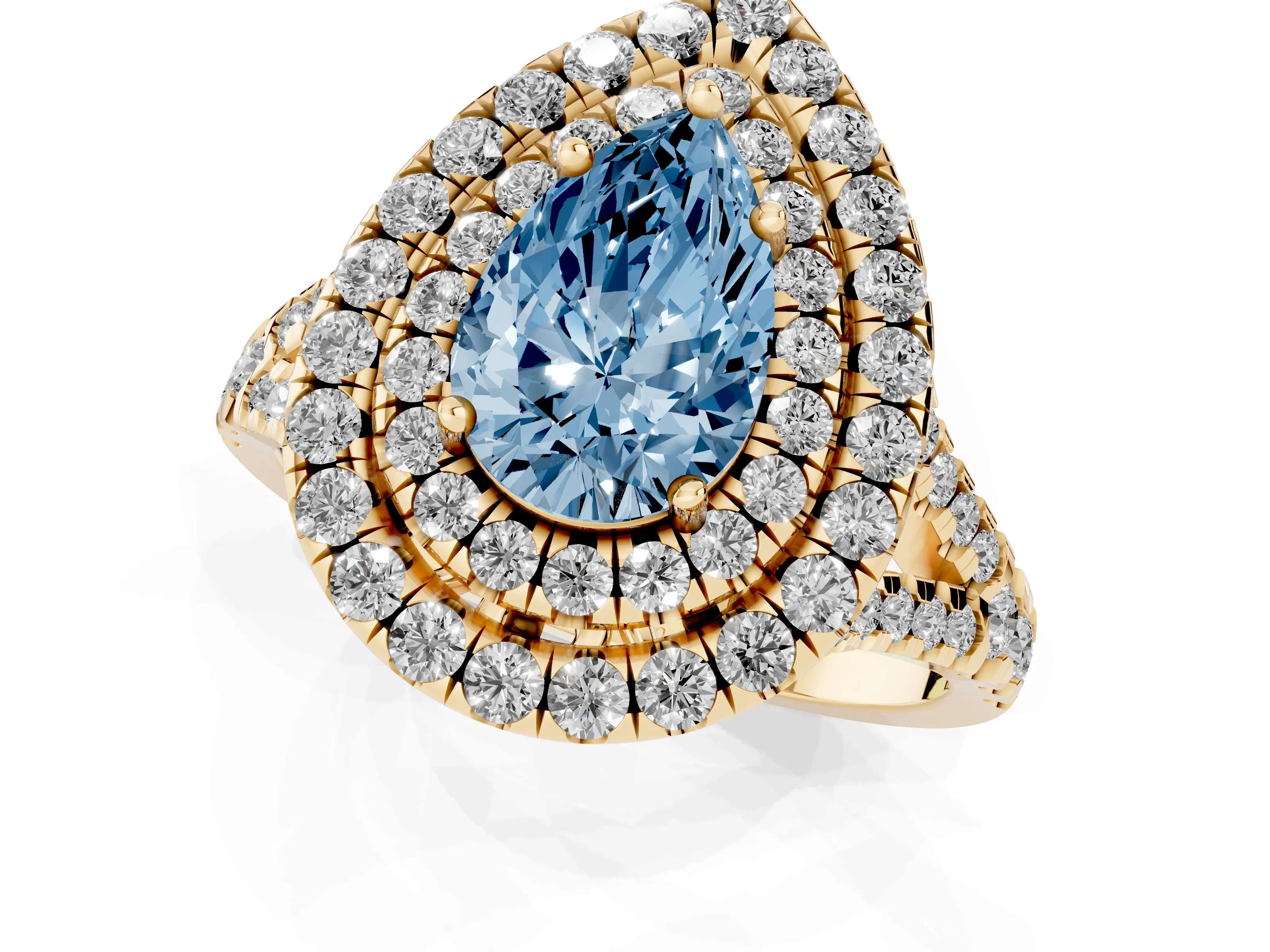 Fancy Blue Pear Cut Diamond Double Halo Ring Set in Yellow gold with Pavé Split Shank and Prong Setting