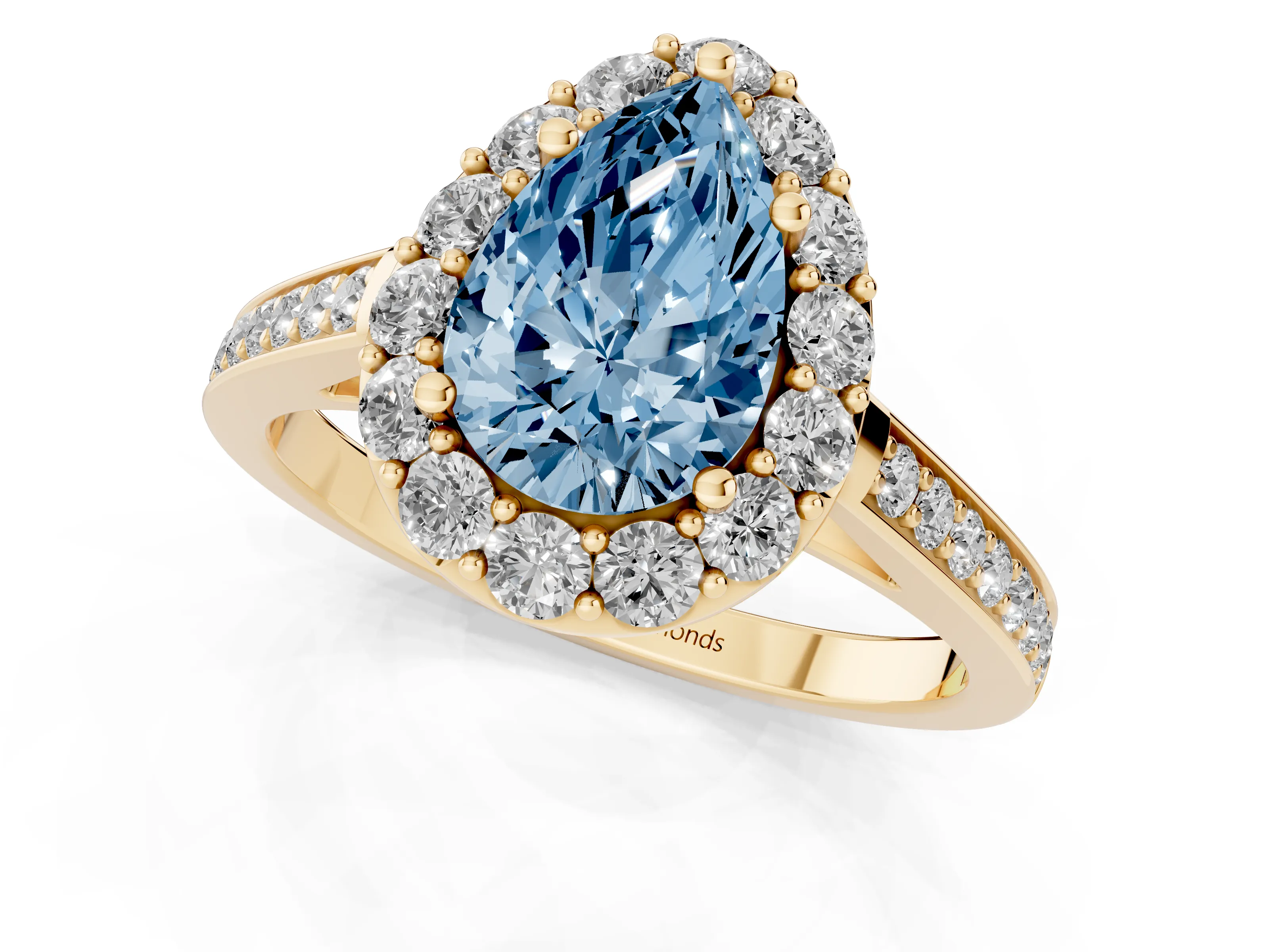 Fancy Blue Pear Cut Diamond Floral Halo Ring Set in Yellow gold with Pavé Band and Prong Setting